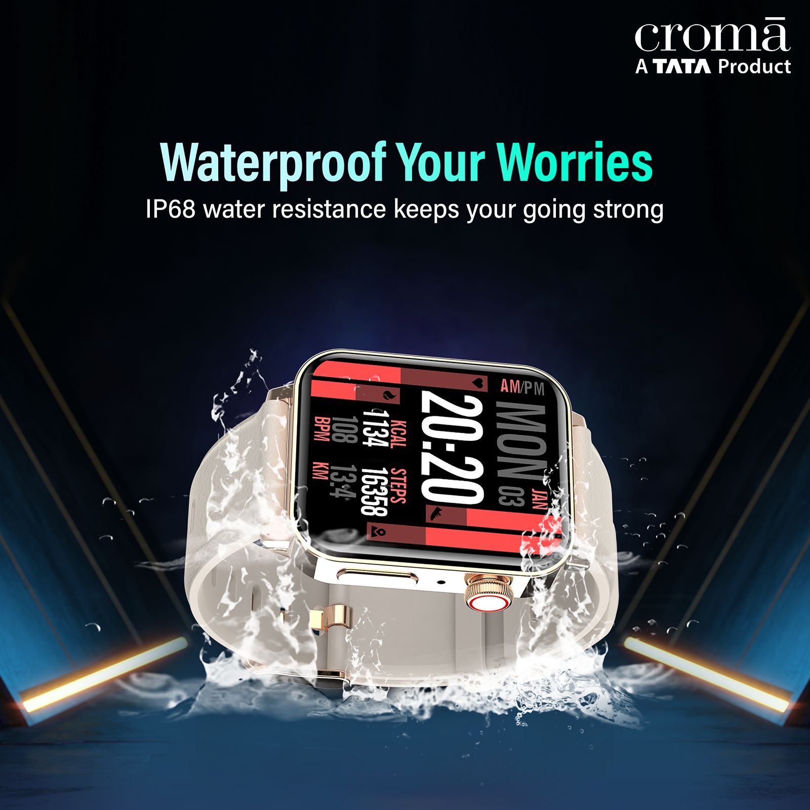 Croma Velocity AM Smartwatch with Bluetooth Calling (1.78 inches, AMOLED Display, IP68 Water Resistant, Gold Strap)_9