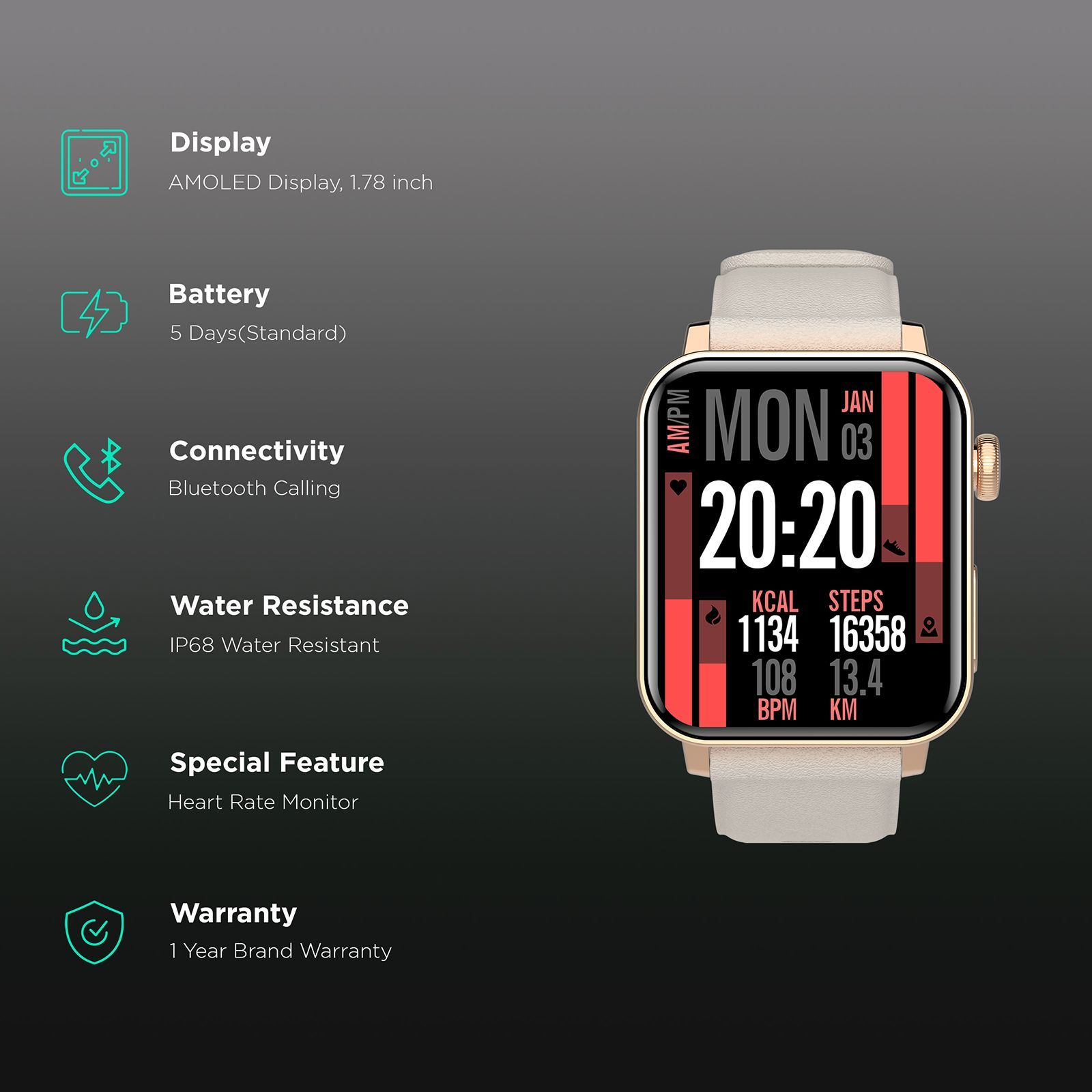 Croma Velocity AM Smartwatch with Bluetooth Calling (1.78 inches, AMOLED Display, IP68 Water Resistant, Gold Strap)_2