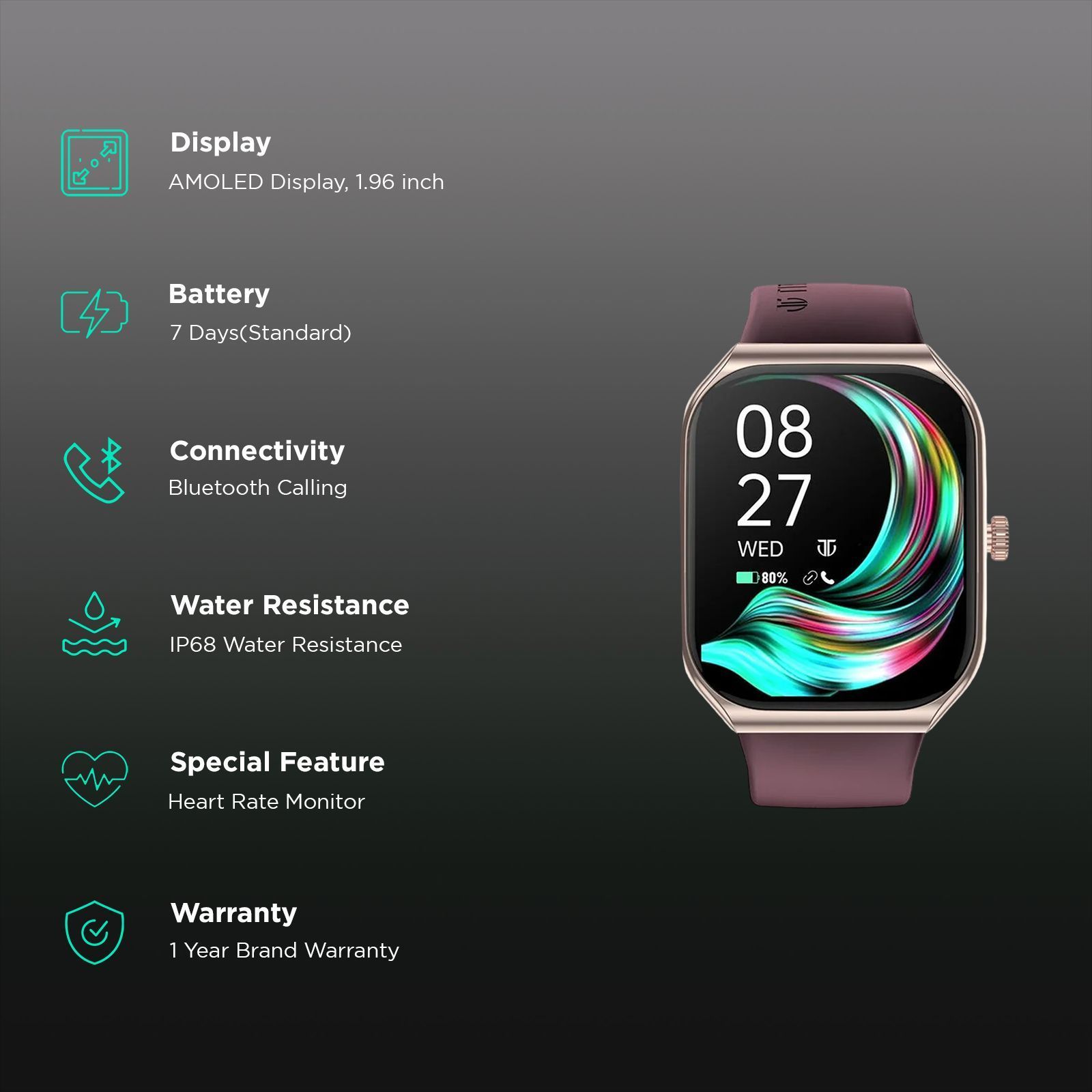 TITAN Smart 3.0 Smartwatch with Bluetooth Calling (49.7mm Super AMOLED Display, IP68 Water Resistant, Wine Red Strap)_2