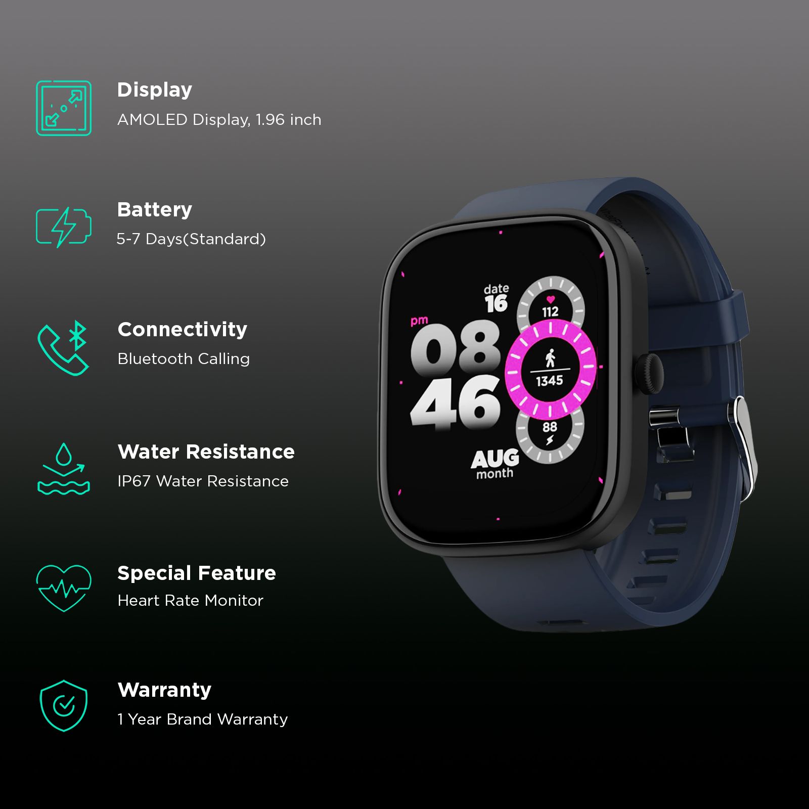 boAt Wave Convex Smartwatch with IP67 Waterproof (49.7mm AMOLED Display, Dark Blue Strap)_2