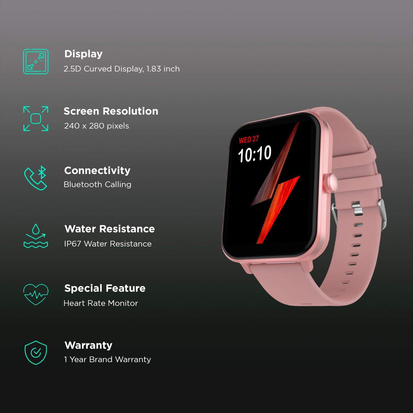 FIRE-BOLTT Tide Plus Smartwatch with Bluetooth Calling (46.5mm 2.5D Curved Display, IP67 Water Resistant, Pink Strap)_2