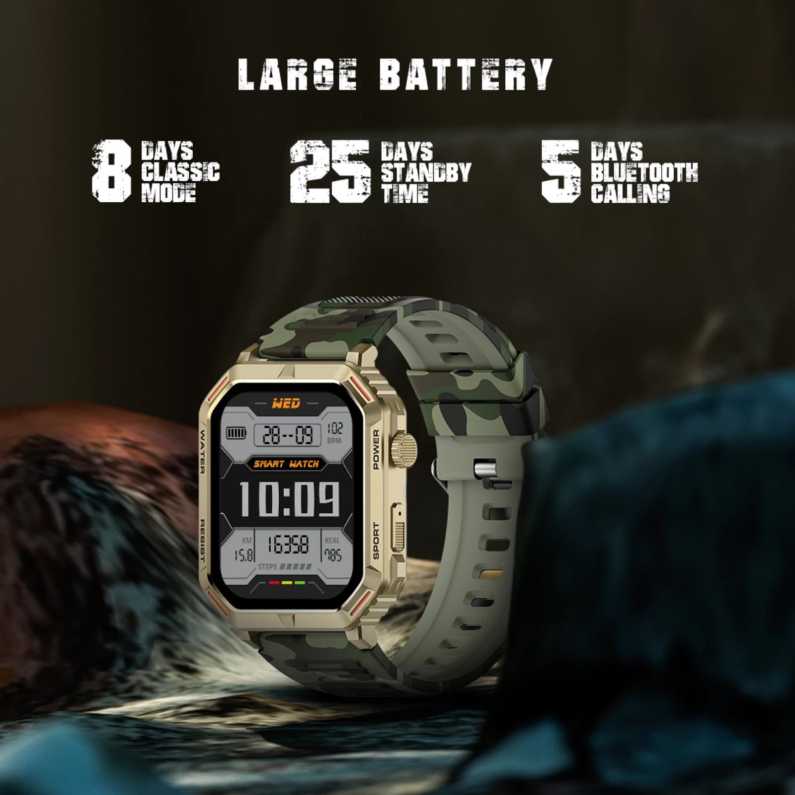 FIRE-BOLTT Commando Smartwatch with Bluetooth Calling (49.5mm AMOLED Display, IP68 Water Resistant, Camo Green Strap)_11
