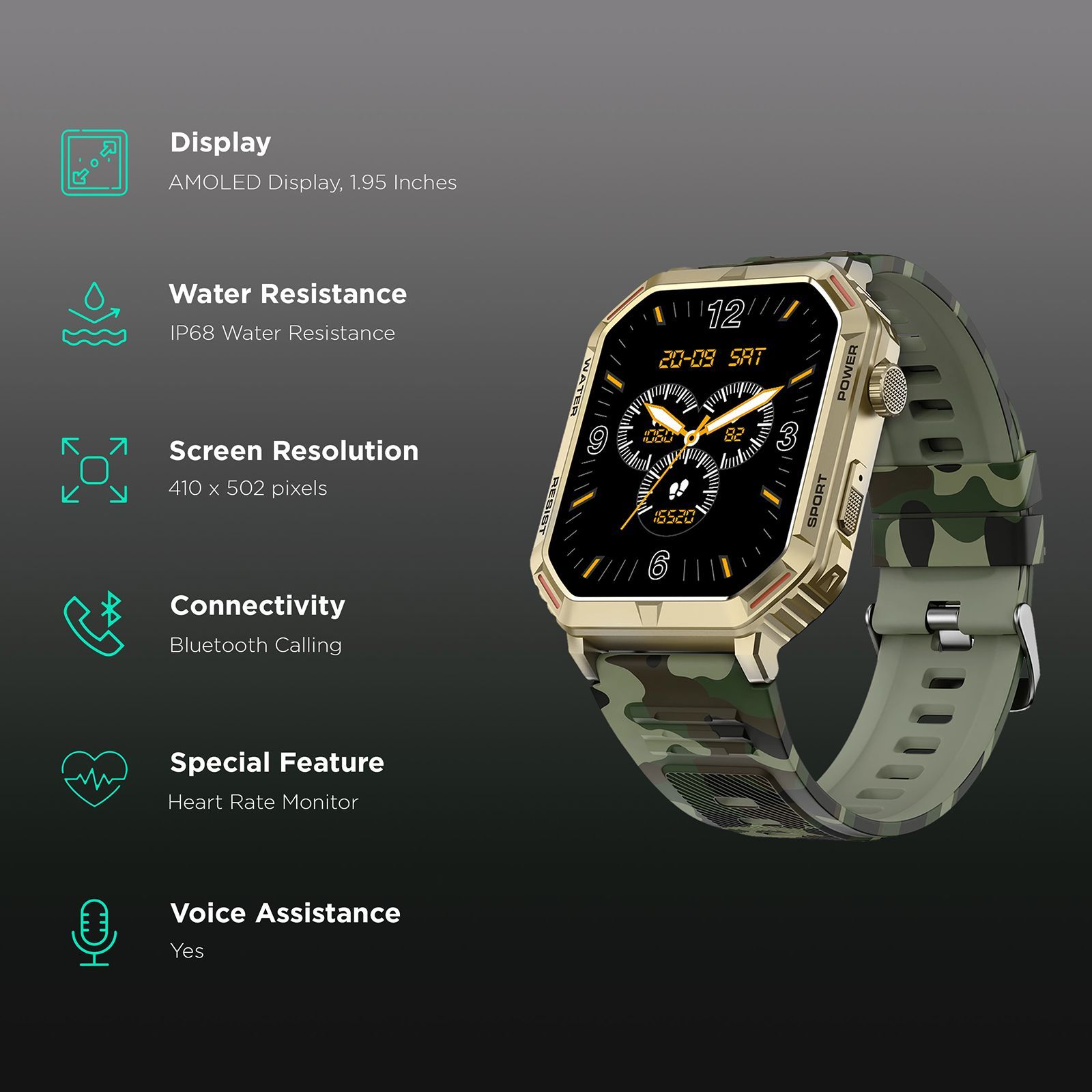 FIRE-BOLTT Commando Smartwatch with Bluetooth Calling (49.5mm AMOLED Display, IP68 Water Resistant, Camo Green Strap)_2