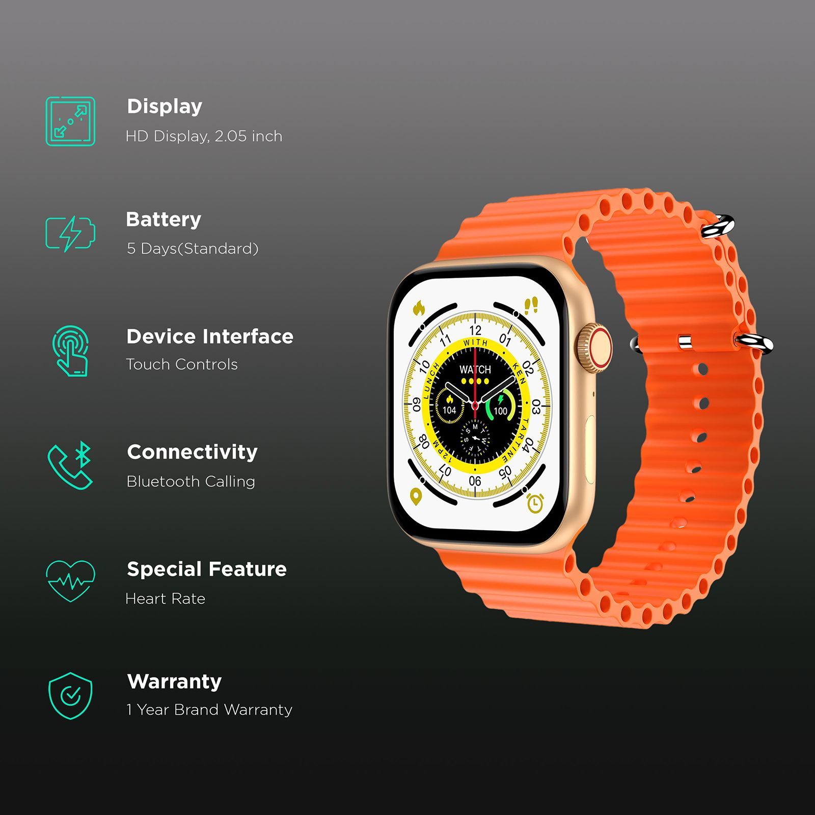 FIRE-BOLTT Vogue Smartwatch with Bluetooth Calling (52mm Display, IP68 Water Resistant, Orange Strap)_2