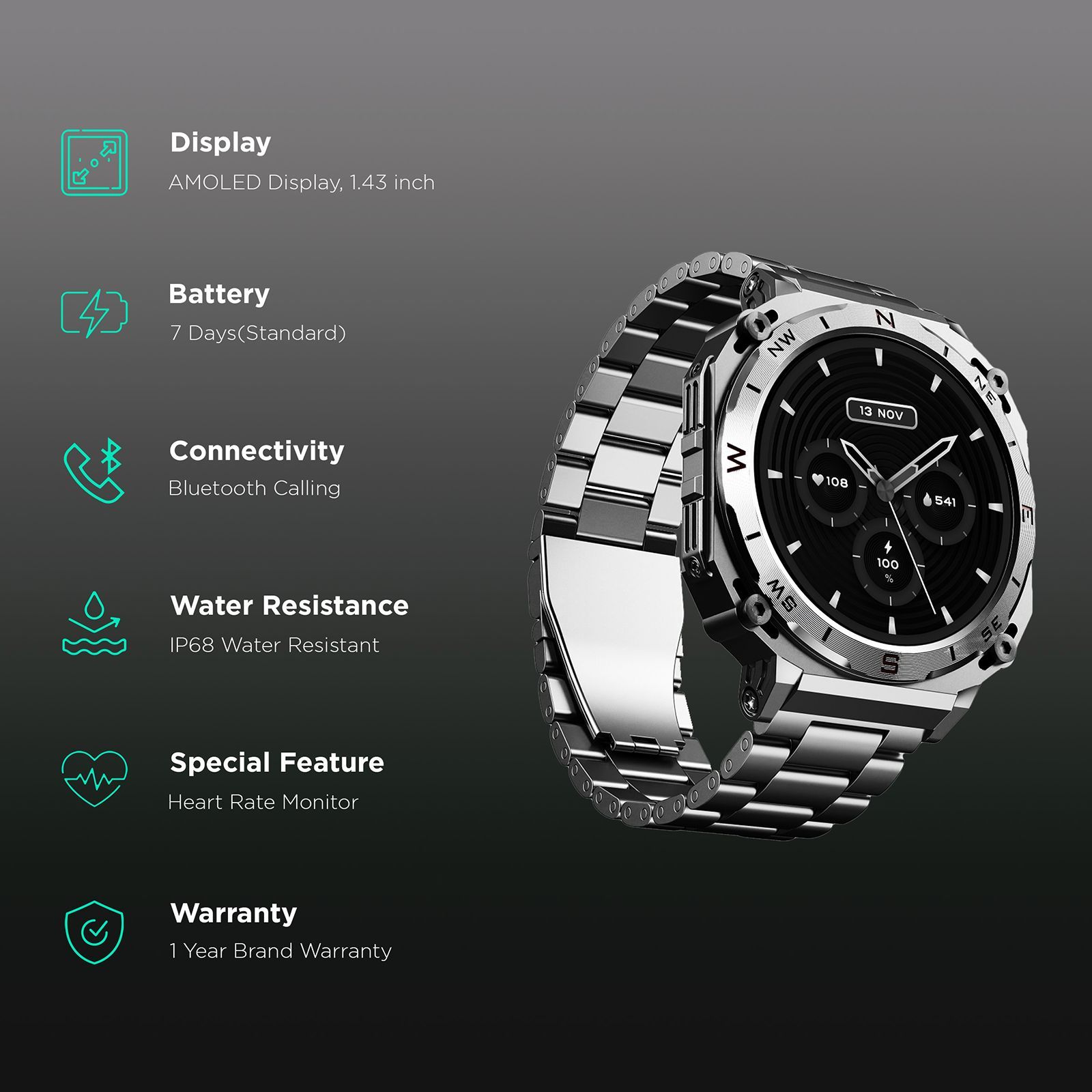 boAt Enigma X500 Smartwatch with Bluetooth Calling (42mm, AMOLED Display, IP68 Water Resistant, Classic Silver Strap)_2