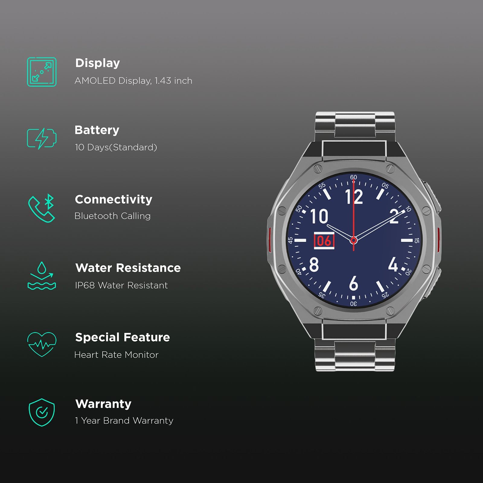 boAt Enigma X600 Smartwatch with Bluetooth Calling (42mm, AMOLED Display, IP68 Water Resistant, Classic Silver Strap)_2