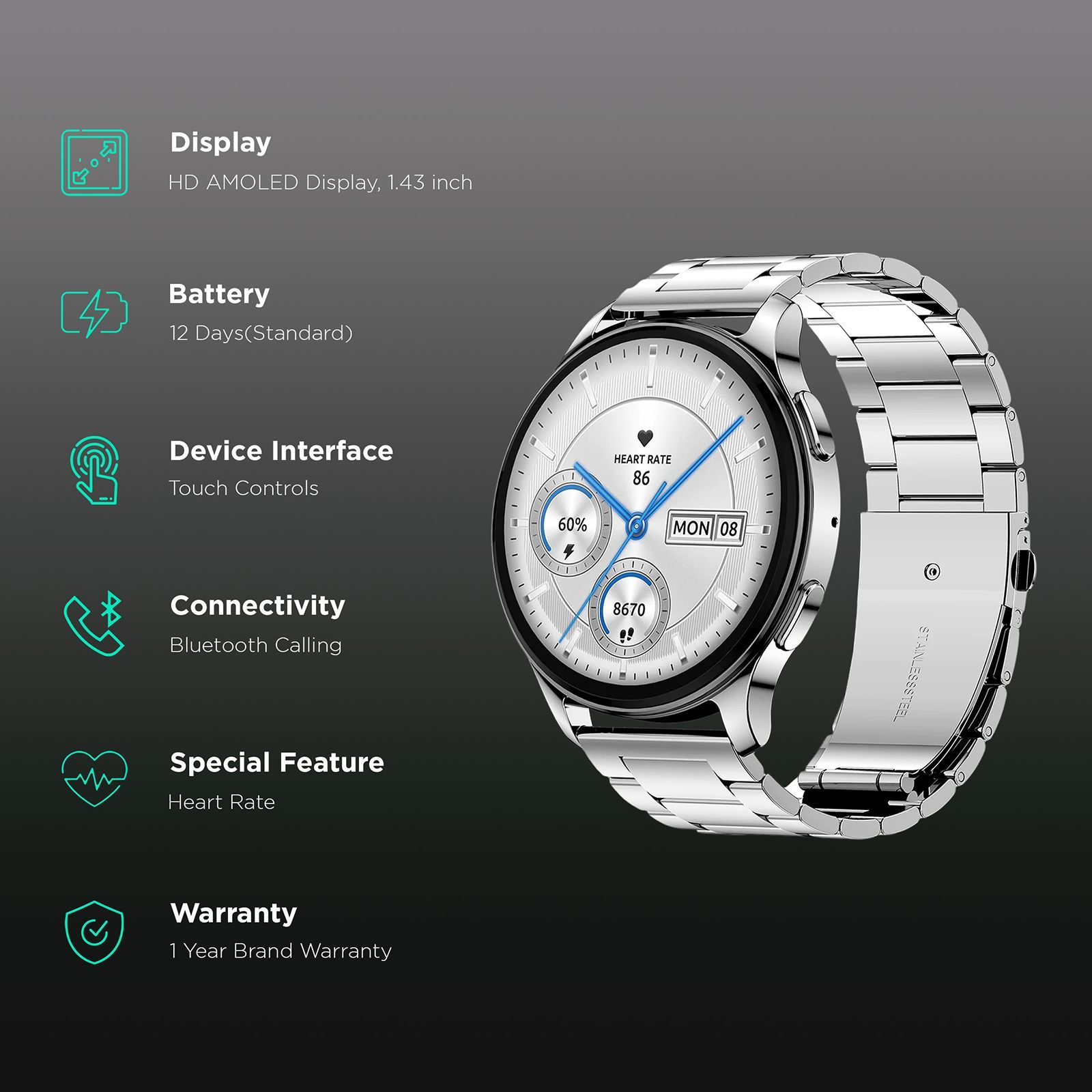 amazfit Pop 3R Smartwatch with Bluetooth Calling (36.32mm AMOLED Display, IP68 Water Resistant, Metallic Silver Strap)_2