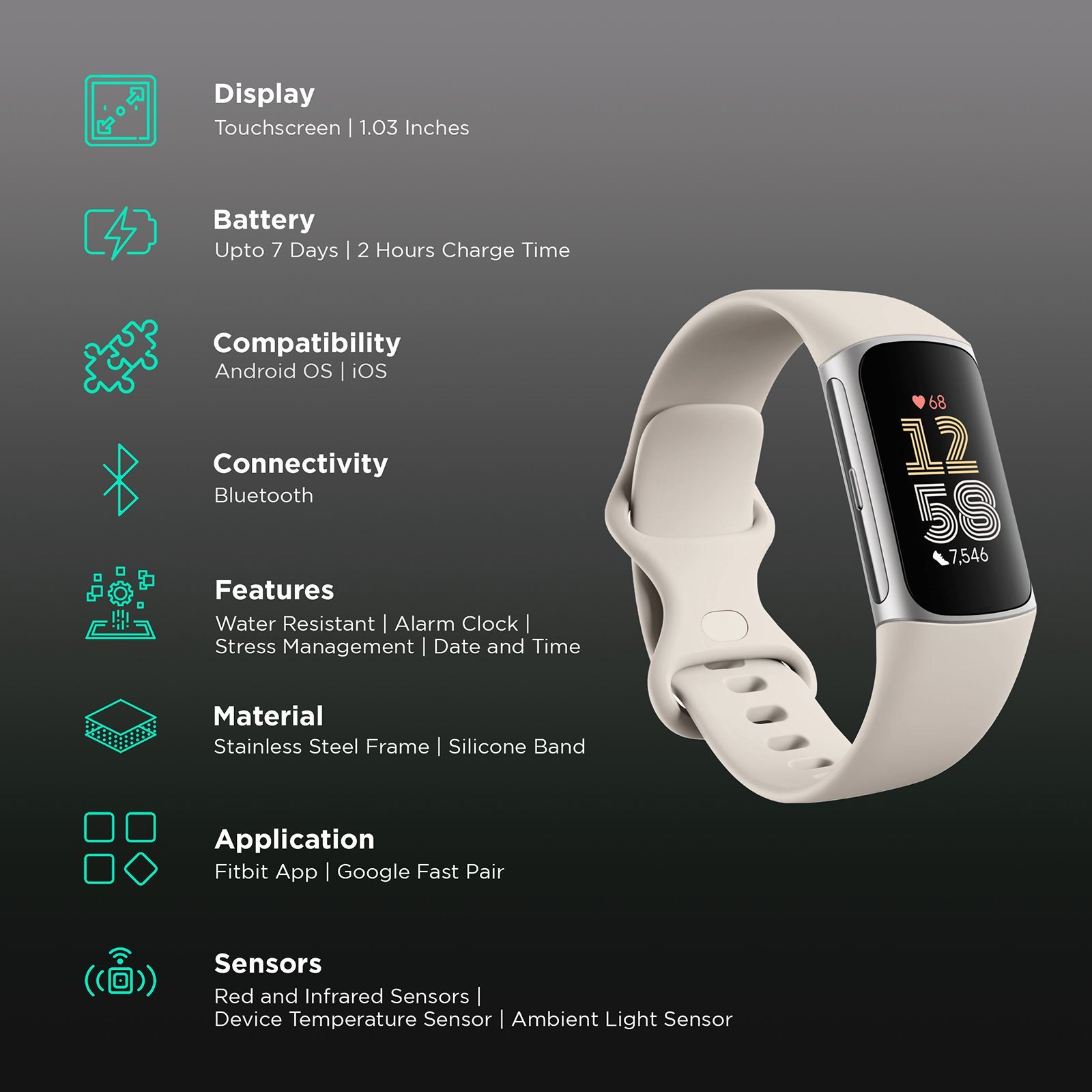 fitbit Charge 6 Fitness Tracker with Stress Management (1.03 Inch, 5ATM Water Resistance, Porcelain & Silver Aluminium Strap)_2