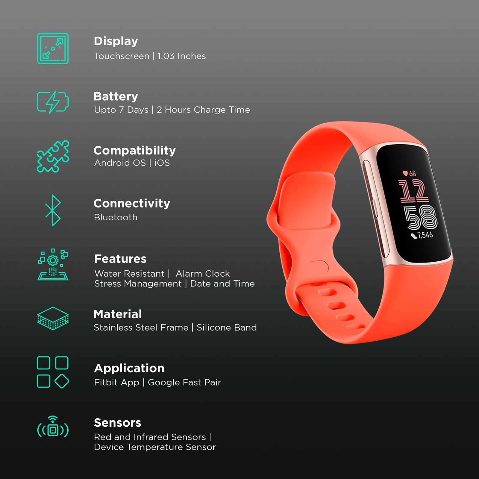 fitbit Charge 6 Fitness Tracker with Stress Management (1.03 Inch, 5ATM Water Resistance, Coral & Champagne Gold Aluminium Strap)_2