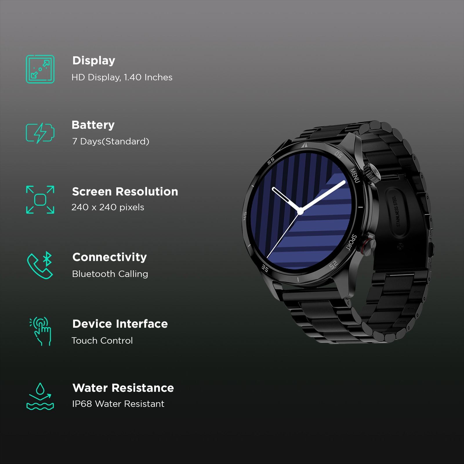 noise NoiseFit Mettalix Smartwatch with Bluetooth Calling (35.5mm HD Display, IP68 Water Resistant, Elite Black Strap)_2