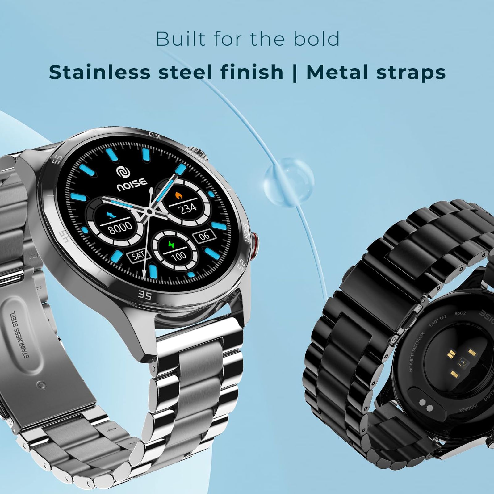 noise NoiseFit Mettalix Smartwatch with Bluetooth Calling (35.5mm HD Display, IP68 Water Resistant, Elite Silver Strap)_7