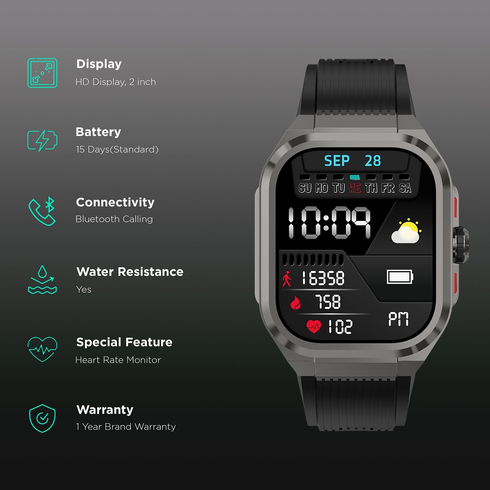 noise ColorFit Thrill Smartwatch with Bluetooth Calling (50.8mm, 1.5ATM Water Resistant, Jet Black Strap)_2