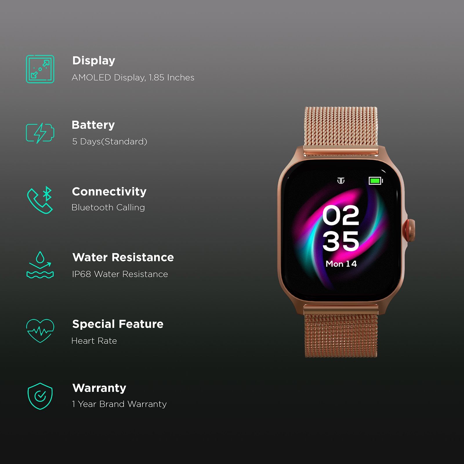 TITAN Zeal Smartwatch with Bluetooth Calling (46.99mm AMOLED Display, IP68 Water Resistant, Rose Gold Strap)_2