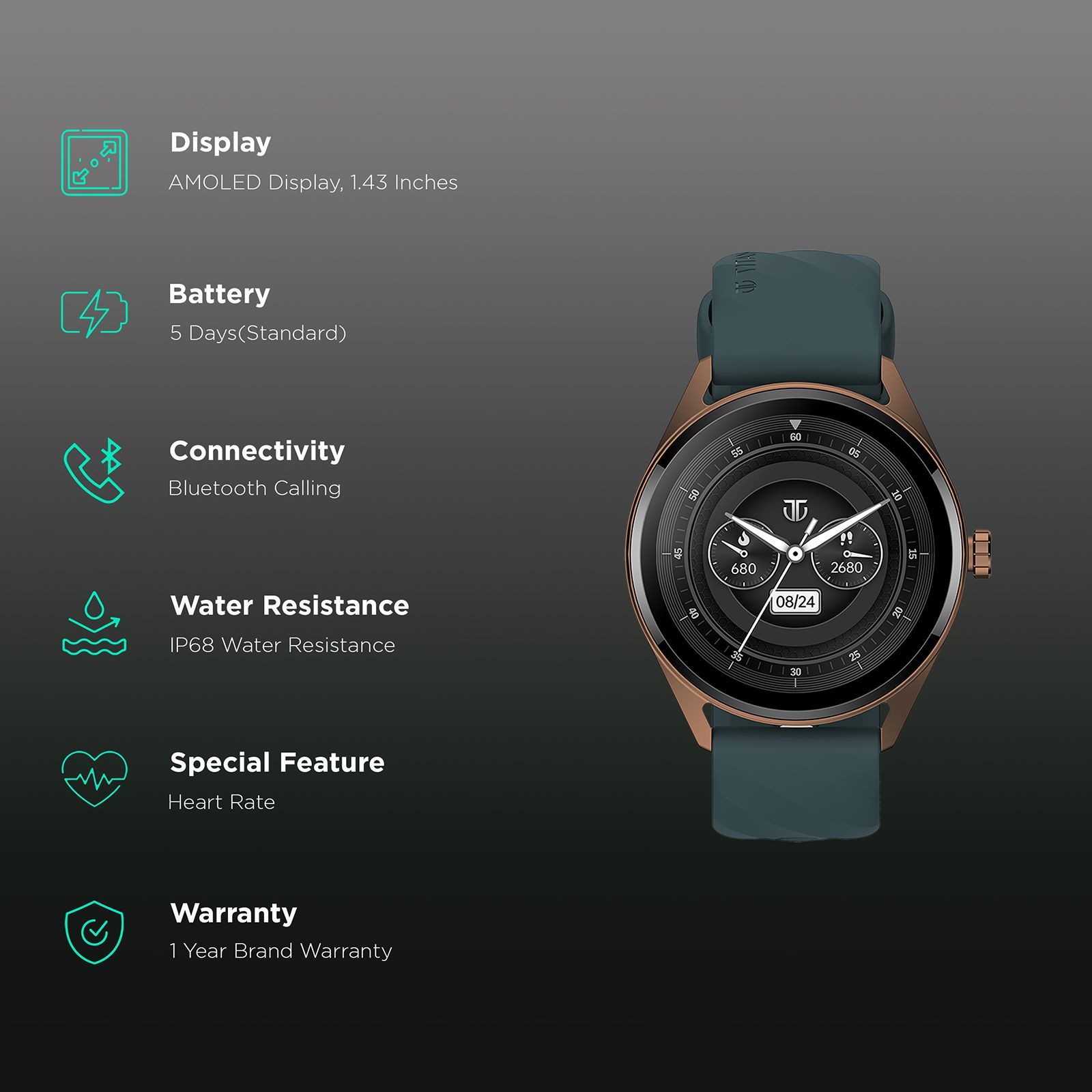 TITAN Crest Smartwatch with Bluetooth Calling (36.3mm AMOLED Display, IP68 Water Resistant, Teal Strap)_2