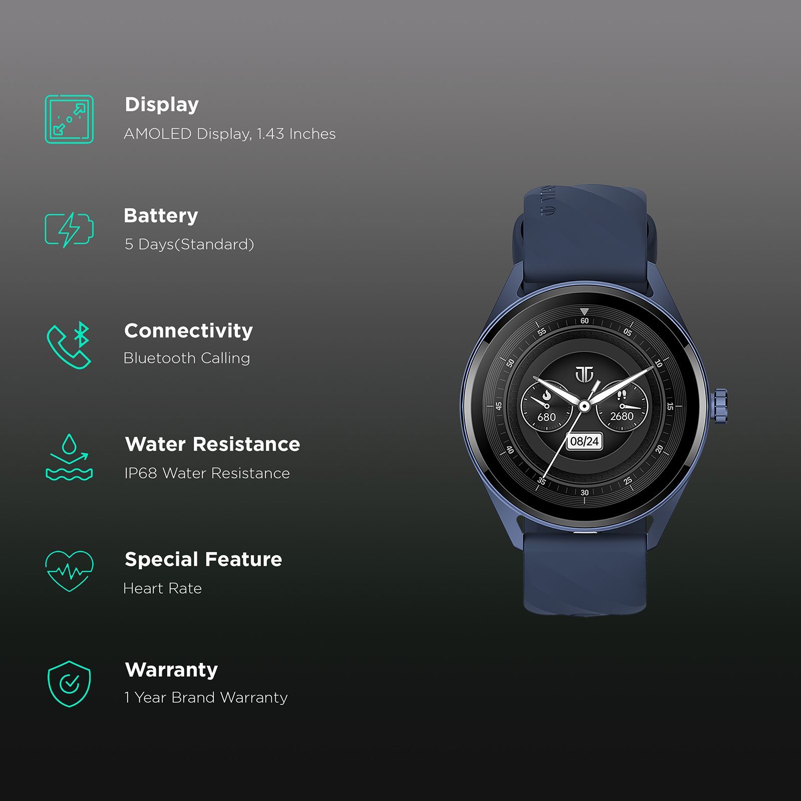 TITAN Crest Smartwatch with Bluetooth Calling (36.3mm AMOLED Display, IP68 Water Resistant, Blue Strap)_2