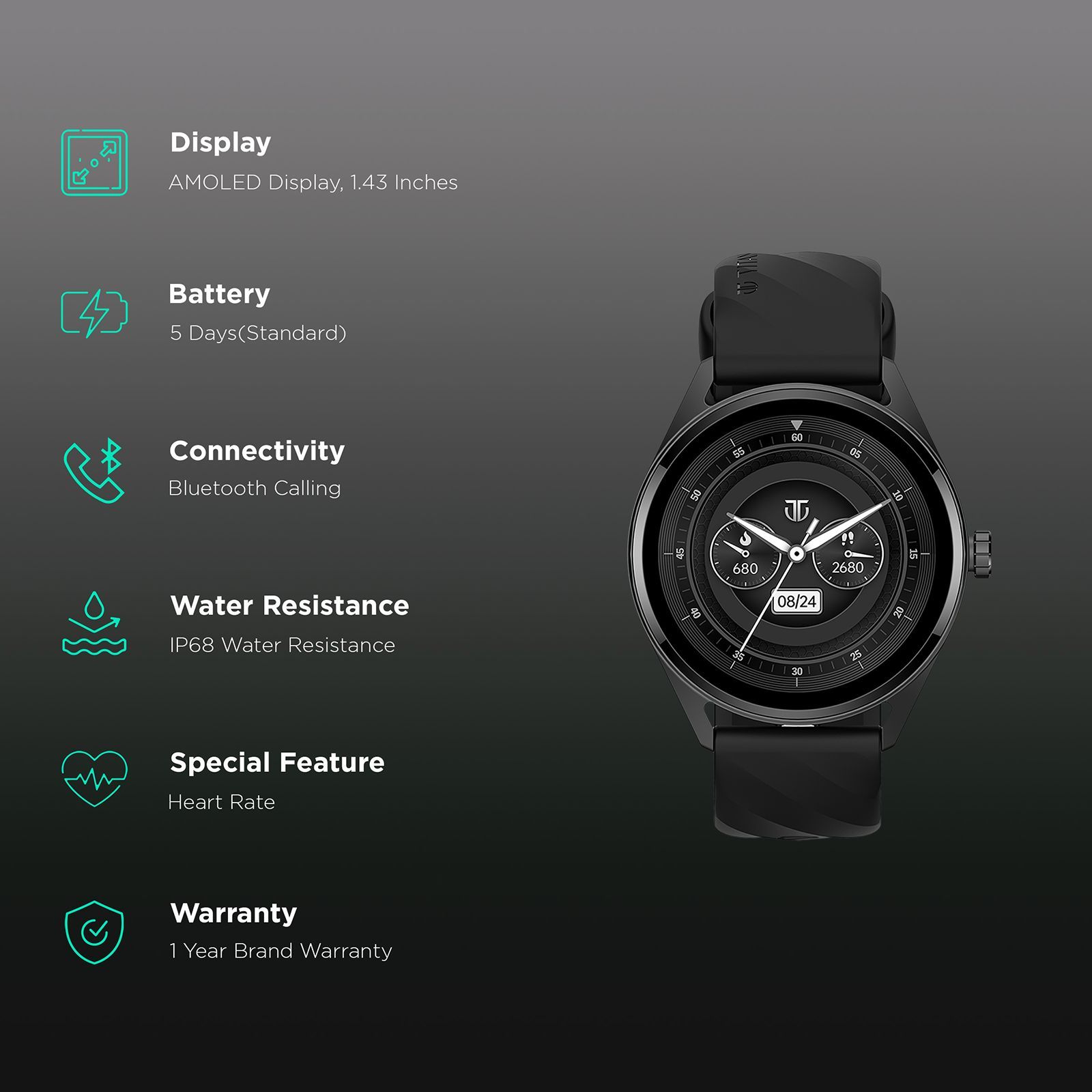 TITAN Crest Smartwatch with Bluetooth Calling (36.3mm AMOLED Display, IP68 Water Resistant, Black Strap) TITAN Crest Smartwatch with Bluetooth Calling (36.3mm AMOLED Display, IP68 Water Resistant, Black Strap)_2
