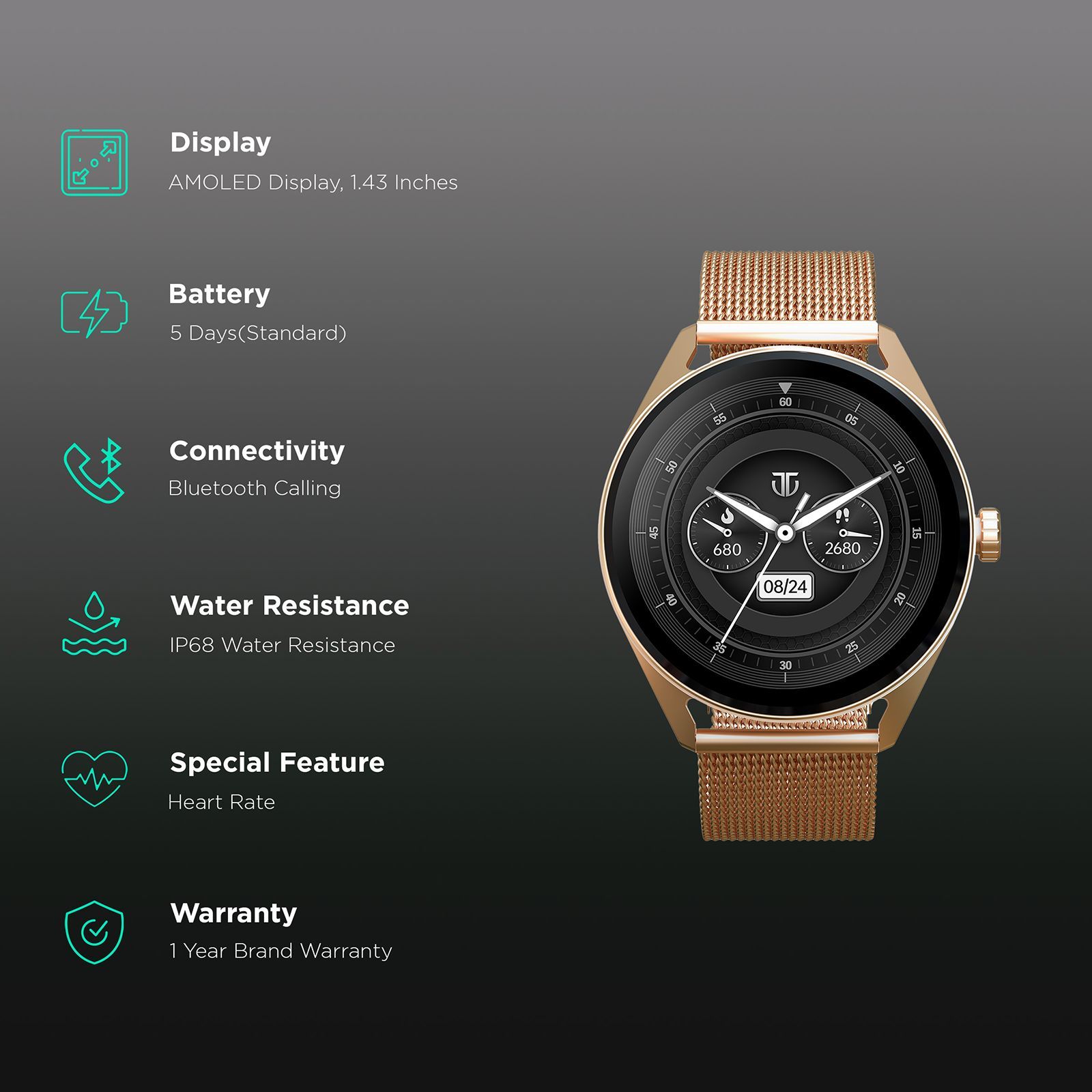 TITAN Crest Smartwatch with Bluetooth Calling (36.3mm AMOLED Display, IP68 Water Resistant, Rose Gold Strap)_2