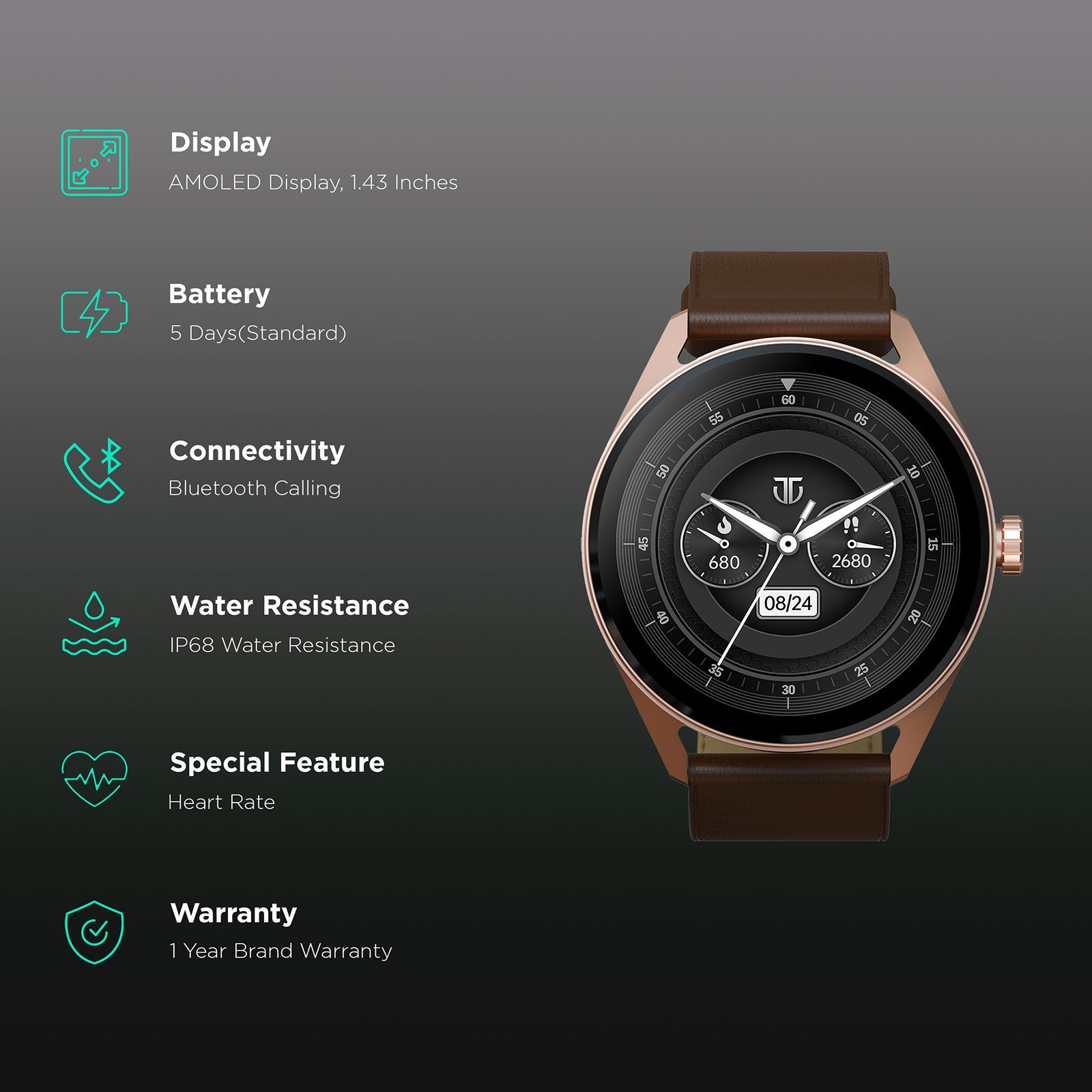 TITAN Crest Smartwatch with Bluetooth Calling (36.3mm AMOLED Display, IP68 Water Resistant, Brown Strap)_2