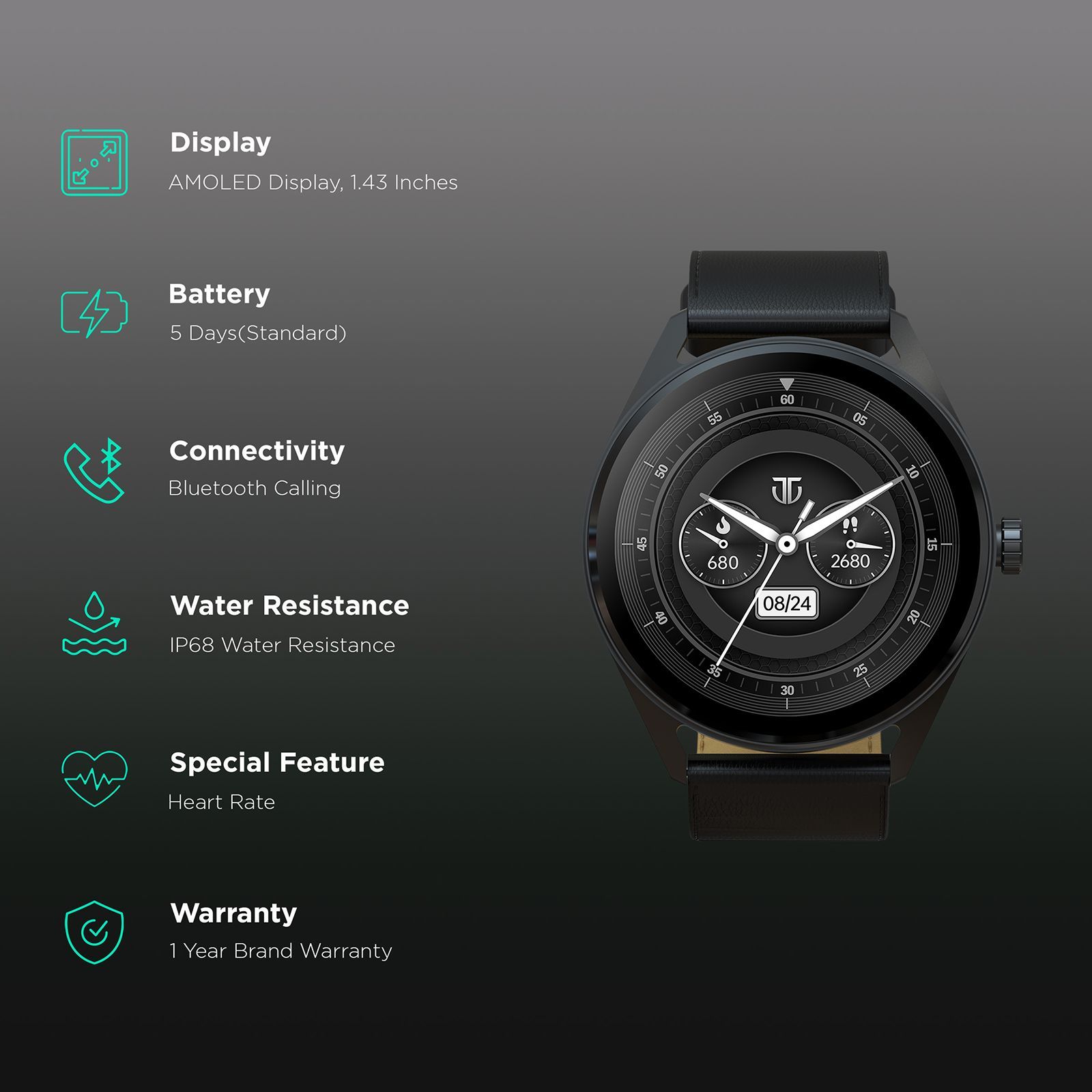 TITAN Crest Smartwatch with Bluetooth Calling (36.3mm AMOLED Display, IP68 Water Resistant, Black Leather Strap) TITAN Crest Smartwatch with Bluetooth Calling (36.3mm AMOLED Display, IP68 Water Resistant, Black Leather Strap)_2
