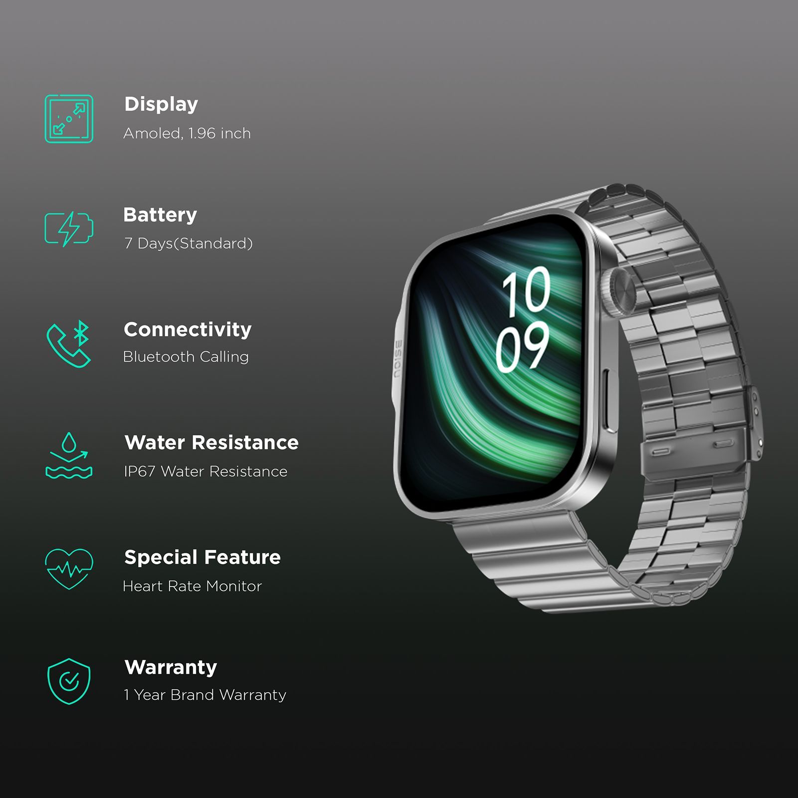 noise ColorFit Caliber 3 Plus Smartwatch with Bluetooth Calling (49.7mm AMOLED Display, IP67 Water Resistant, Elite Silver Strap)_2