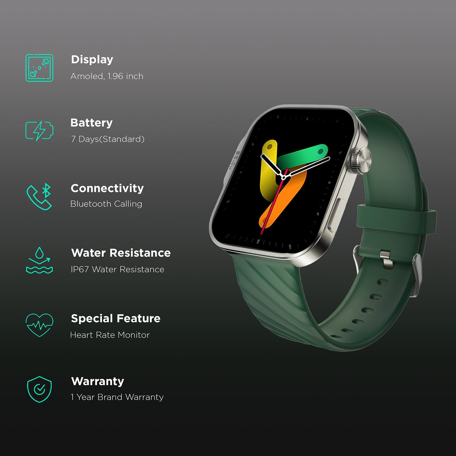 noise ColorFit Caliber 3 Plus Smartwatch with Bluetooth Calling (49.7mm AMOLED Display, IP67 Water Resistant, Forest Green Strap)_2