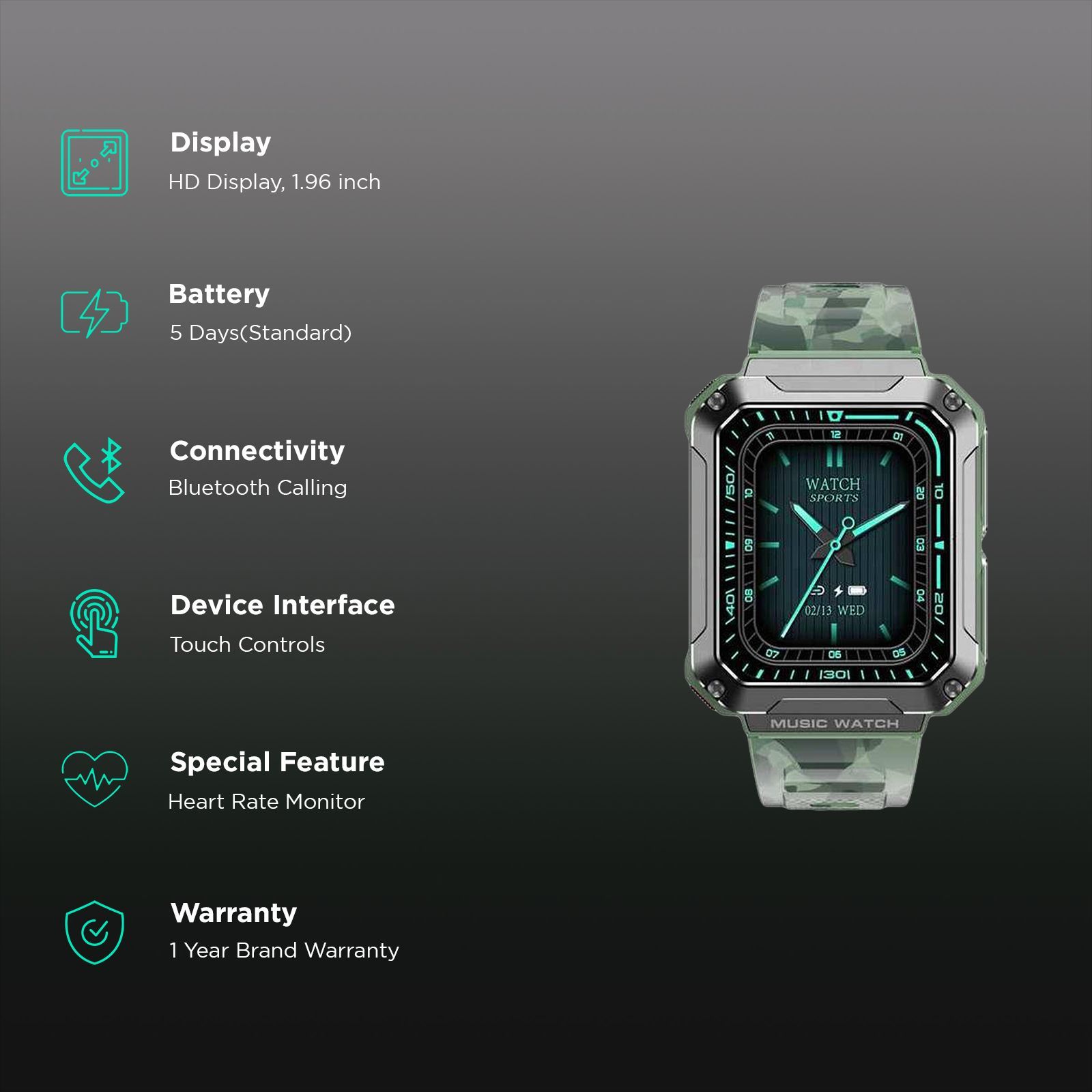 WATCHOUT WearPods Teens Smartwatch with Bluetooth Calling (49.7mm HD Display, Water Resistant, Military Green Strap)_2