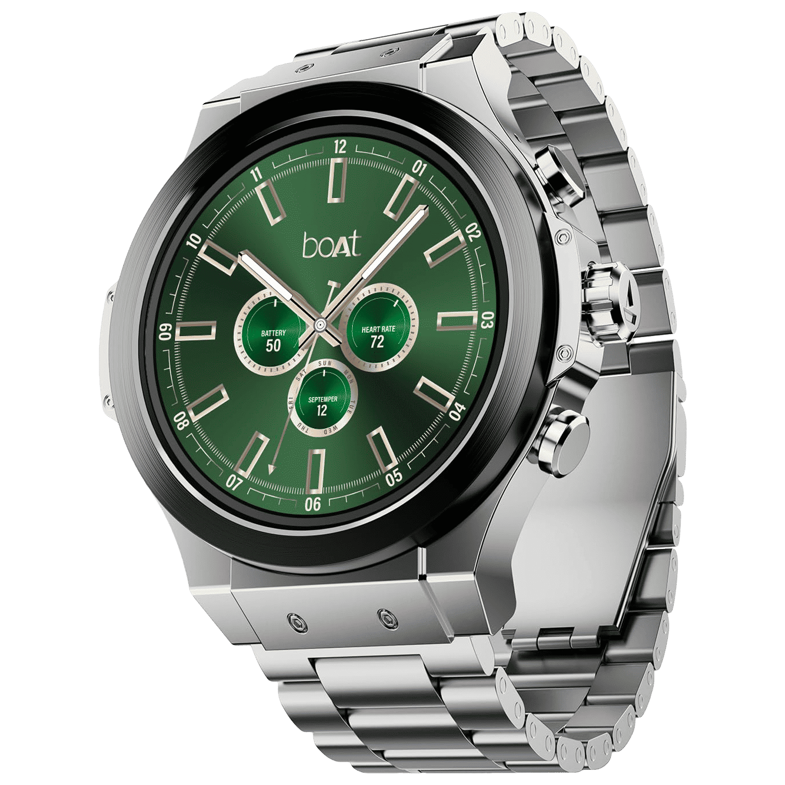 boAt Enigma X400 Smartwatch with Bluetooth Calling (36.8mm AMOLED Display, IP67 Sweat Resistant, Silver Chrome Strap)_1