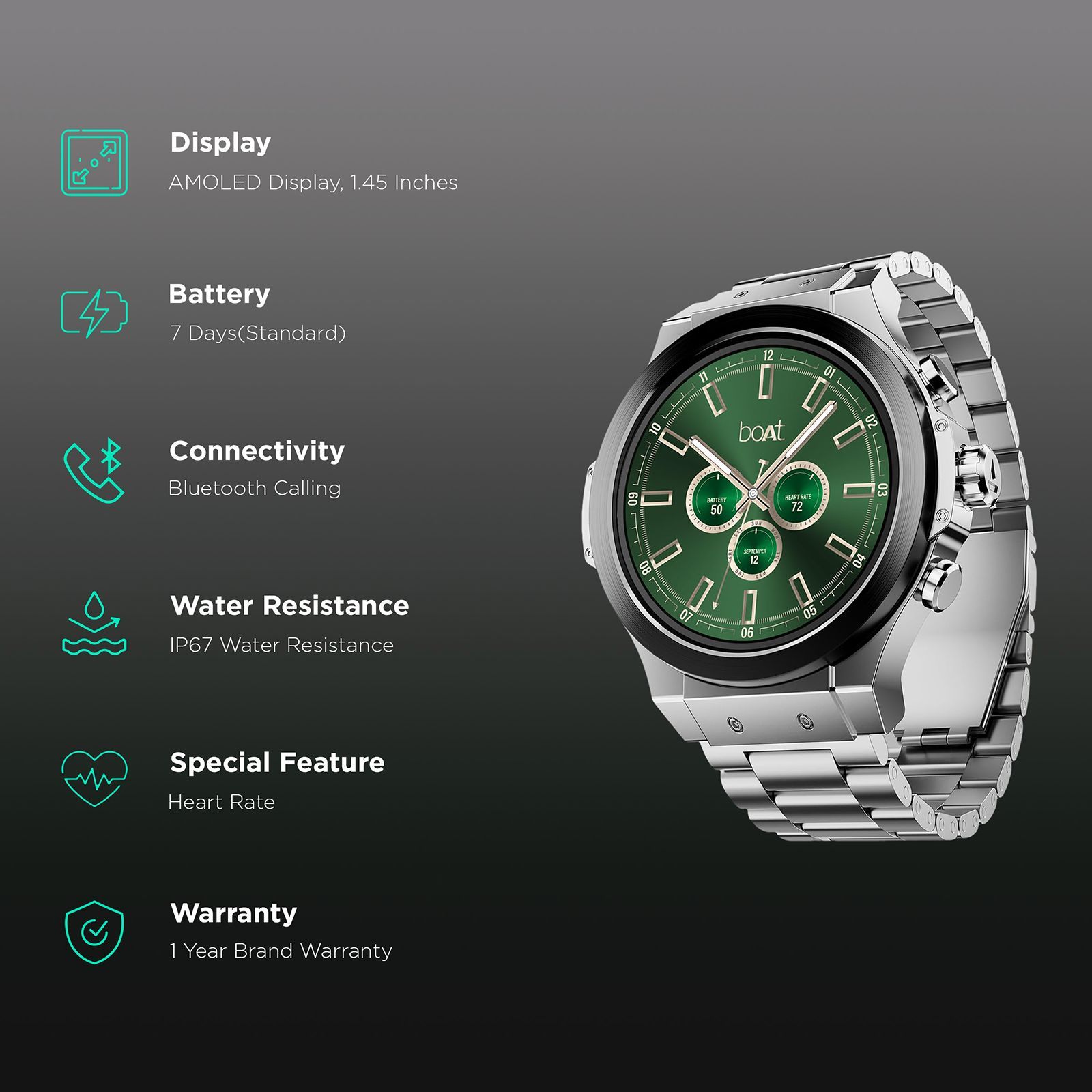 boAt Enigma X400 Smartwatch with Bluetooth Calling (36.8mm AMOLED Display, IP67 Sweat Resistant, Silver Chrome Strap)_2