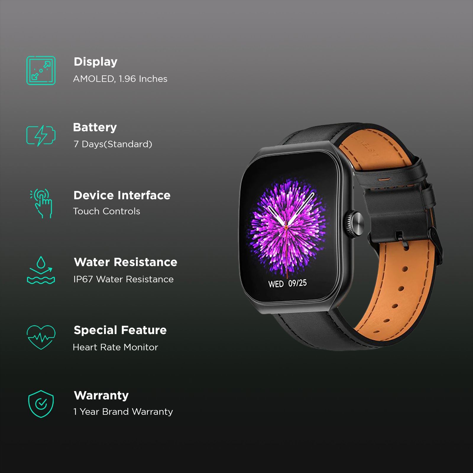 noise ColorFit Hexa Smartwatch with Bluetooth Calling (49.7mm AMOLED Display, IP67 Water Resistant, Classic Black Strap)_2