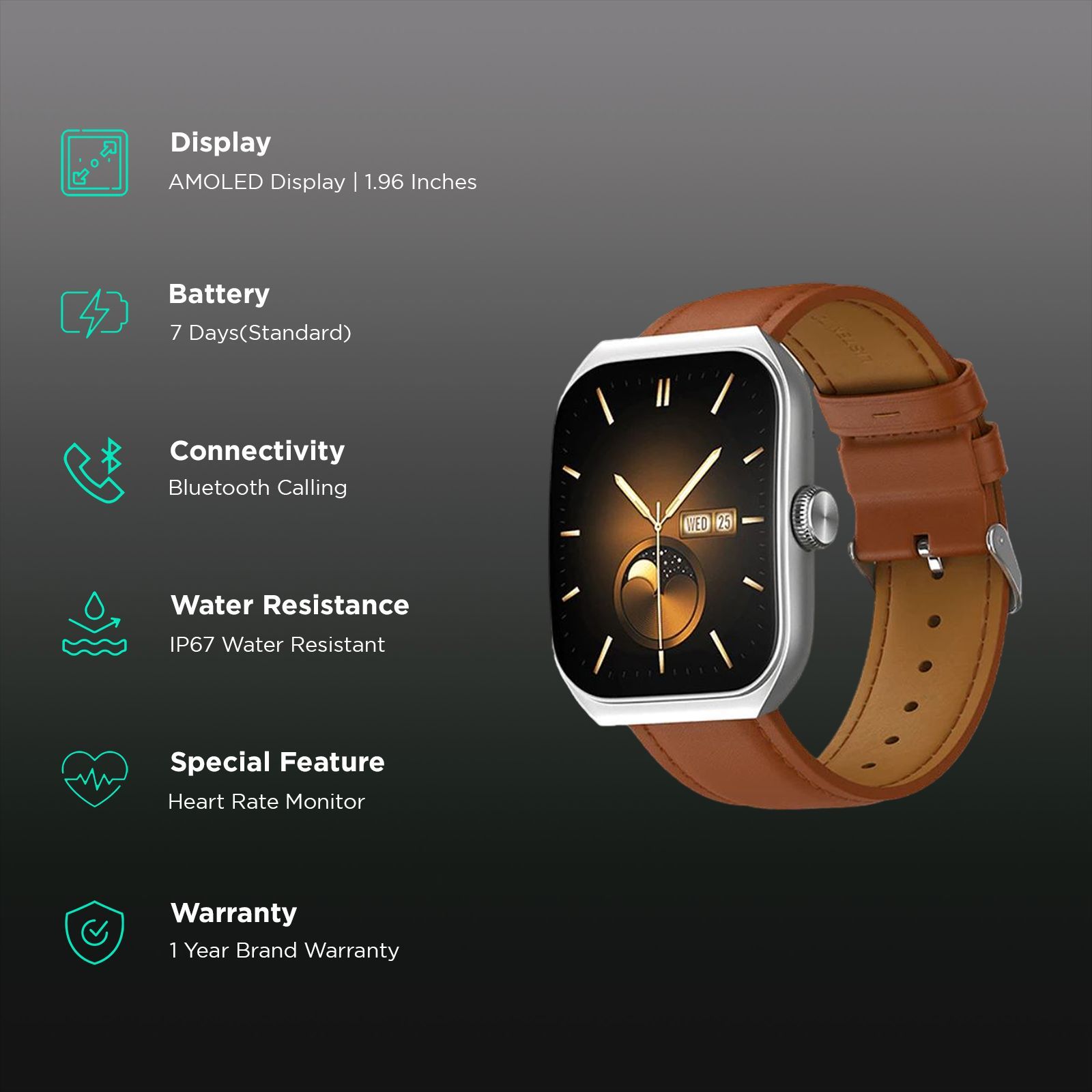 noise ColorFit Hexa Smartwatch with Bluetooth Calling (49.7mm AMOLED Display, IP67 Water Resistant, Classic Brown Strap)_2