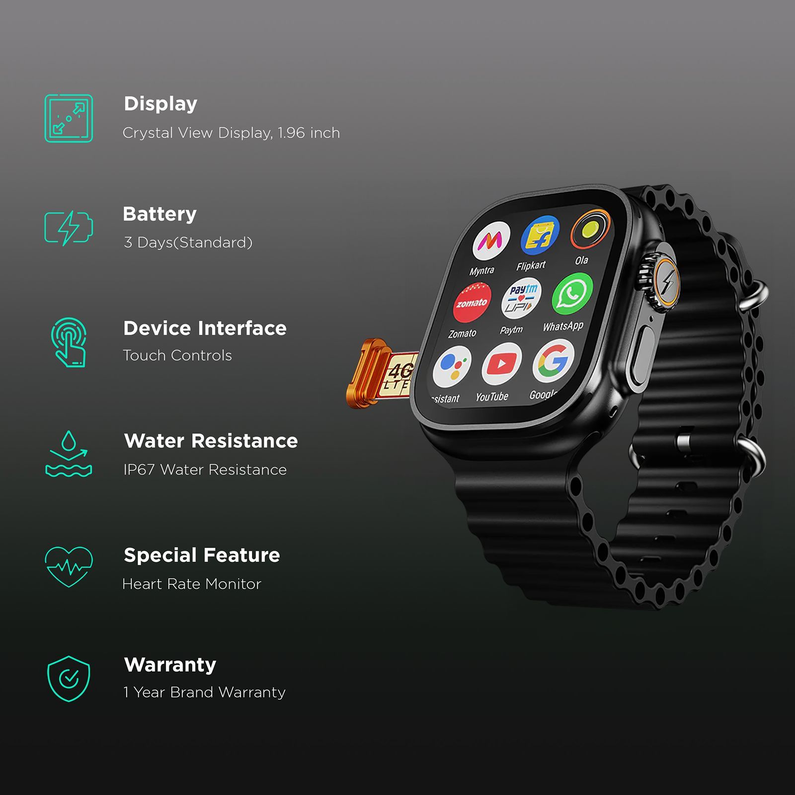 FIRE-BOLTT Oracle GPS+Wi-Fi+4G SIM+Bluetooth Android OS Wristphone (50mm Display, ARM CortexTM A53 MP, Play Store Unlimited Apps, Orange Horizon Strap)_2