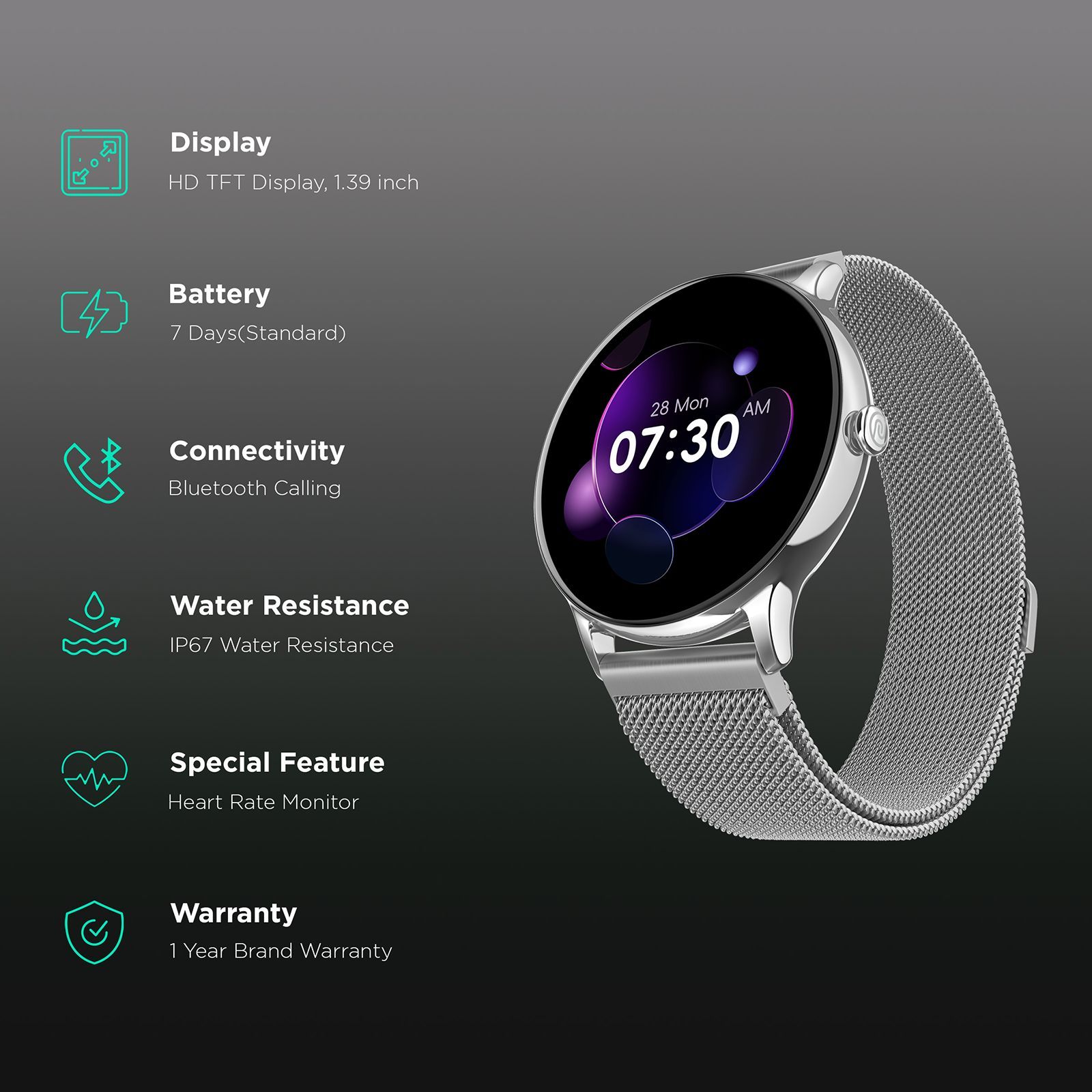 noise Twist Go Smartwatch with Bluetooth Calling (35mm TFT Display, IP67 Water Resistant, Silver Link Strap)_2