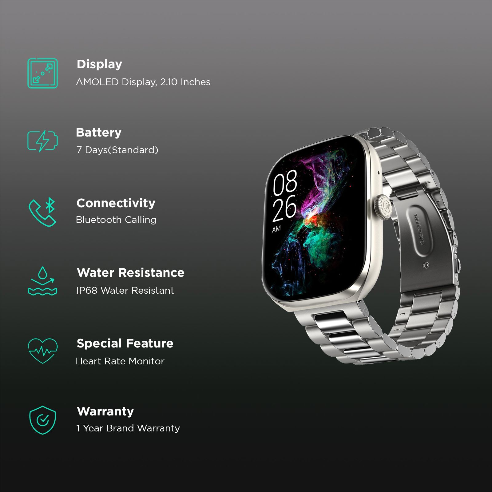 Noise ColorFit Ore Smartwatch with Bluetooth Calling (53.34mm HD AMOLED Display, IP68 Water Resistant, Elite Silver Strap)_2