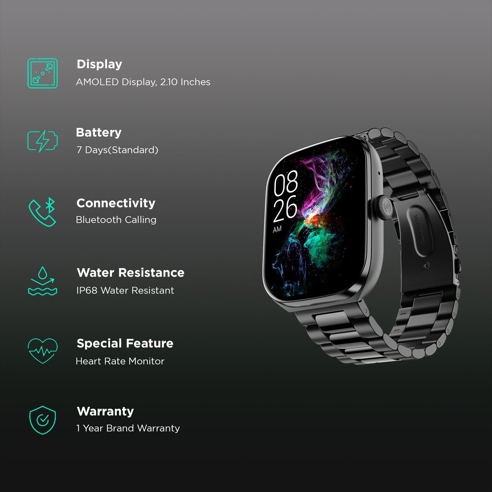 Noise ColorFit Ore Smartwatch with Bluetooth Calling (53.34mm HD AMOLED Display, IP68 Water Resistant, Elite Black Strap)_2