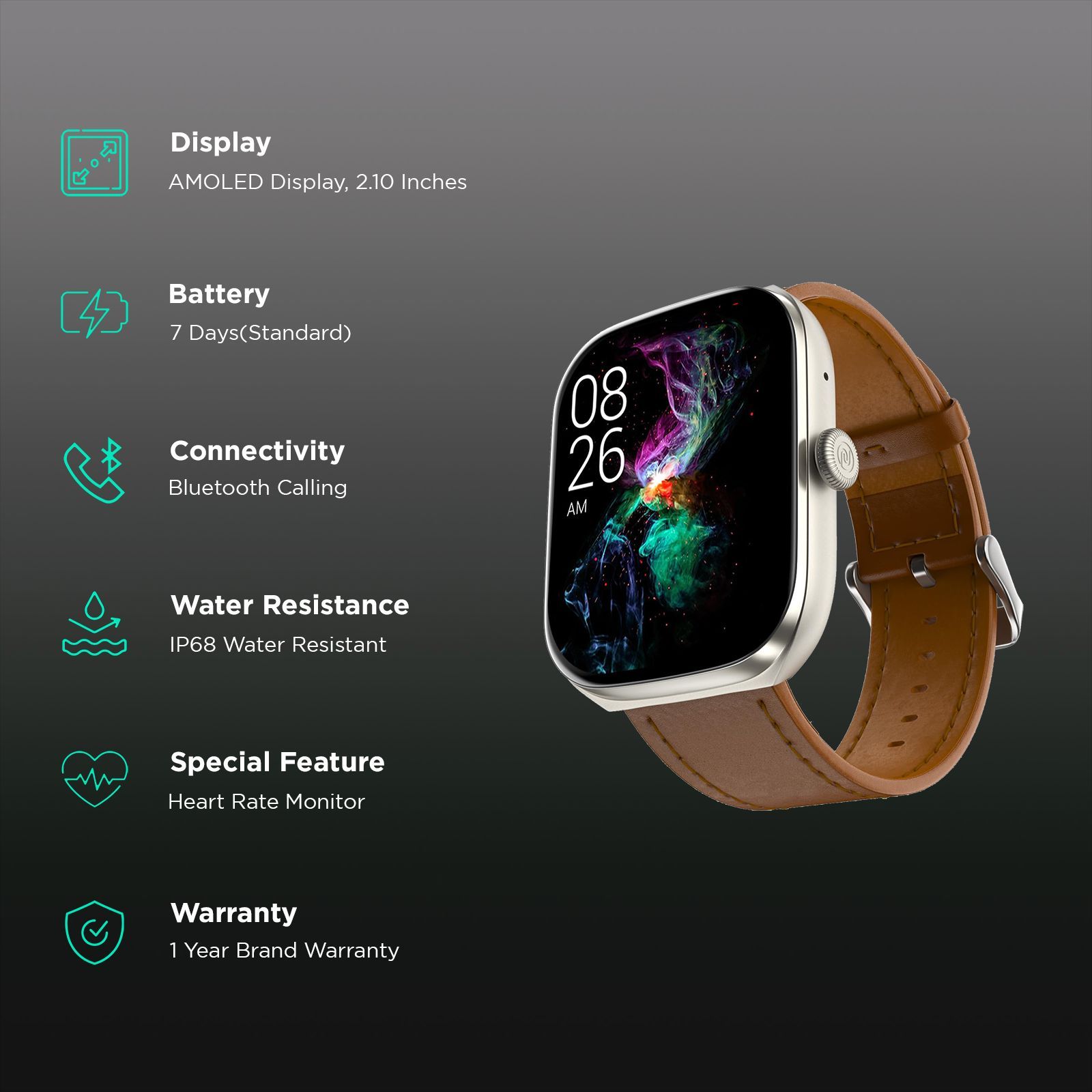 Noise ColorFit Ore Smartwatch with Bluetooth Calling (53.34mm HD AMOLED Display, IP68 Water Resistant, Classic Brown Strap)_2