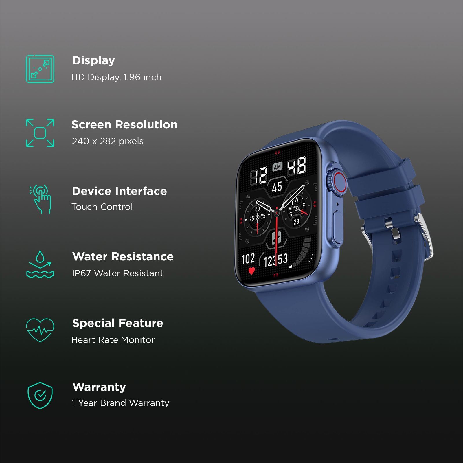 FIRE-BOLTT Gladiator Smartwatch with Bluetooth Calling (49.7mm HD Display, IP67 Water Resistant, Blue Strap)_2