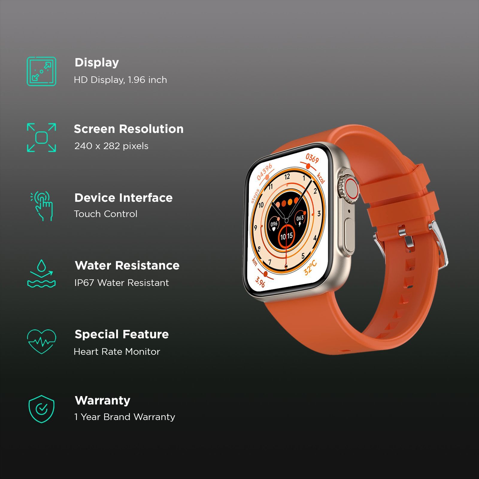 FIRE-BOLTT Gladiator Smartwatch with Bluetooth Calling (49.7mm HD Display, IP67 Water Resistant, Orange Strap)_2