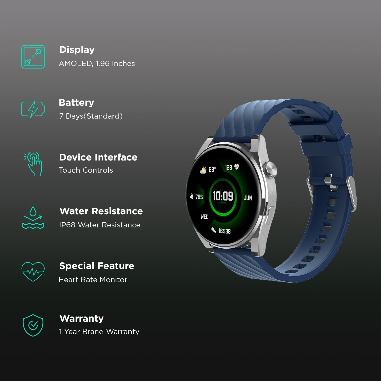 Croma Velocity AR Smartwatch with Bluetooth Calling (36.3mm AMOLED Display, IP68 Water Resistant, Blue Strap)_2