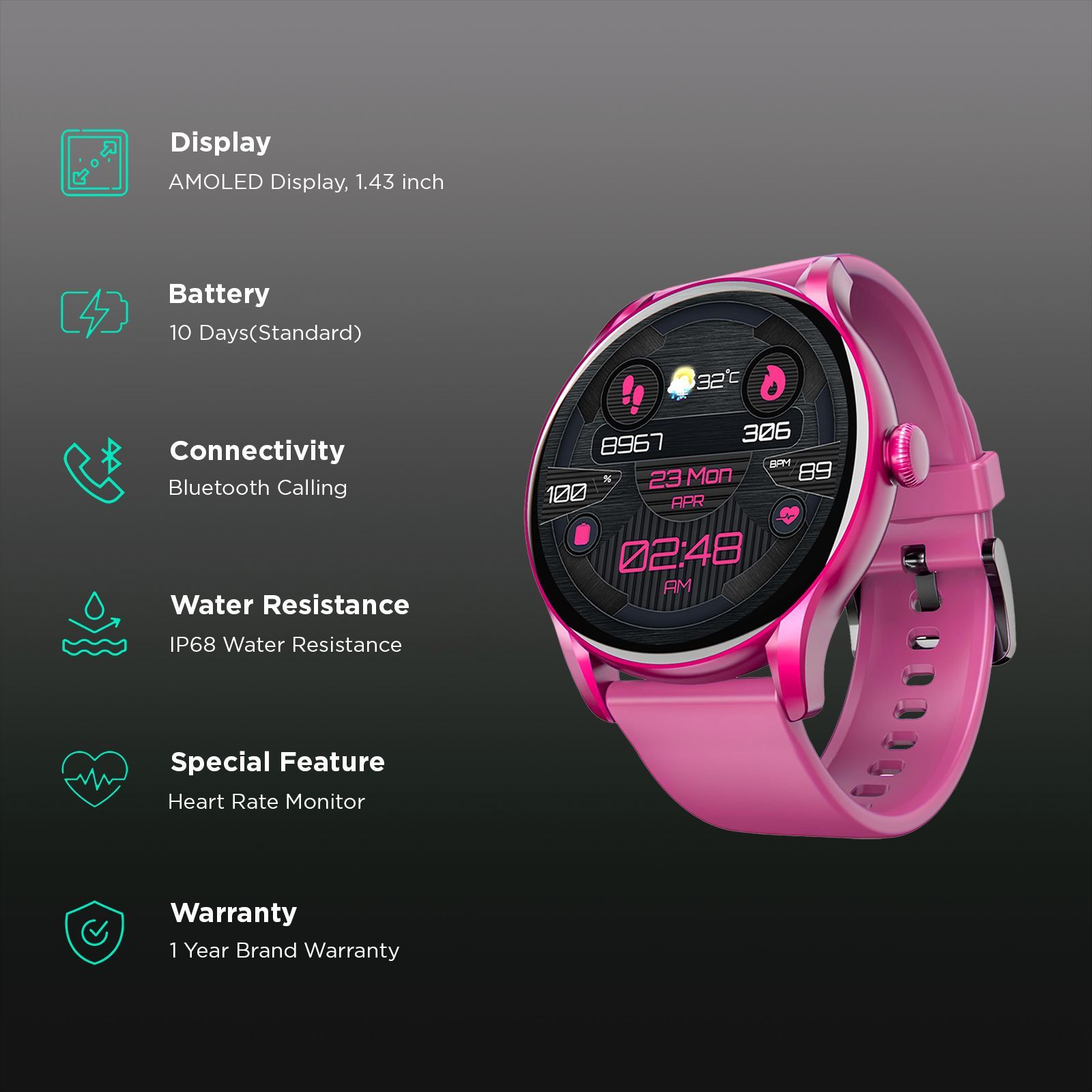 boAt Lunar Connect Ace Smartwatch with Bluetooth Calling (36.3mm AMOLED Display, IP68 Water Resistant, Burgundy Strap)_2