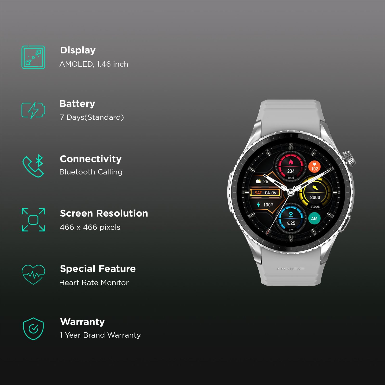 noise NoiseFit Origin Smartwatch with Bluetooth Calling (37.1mm AMOLED Display, 3ATM Water Resistant, Silver Grey Strap)_2