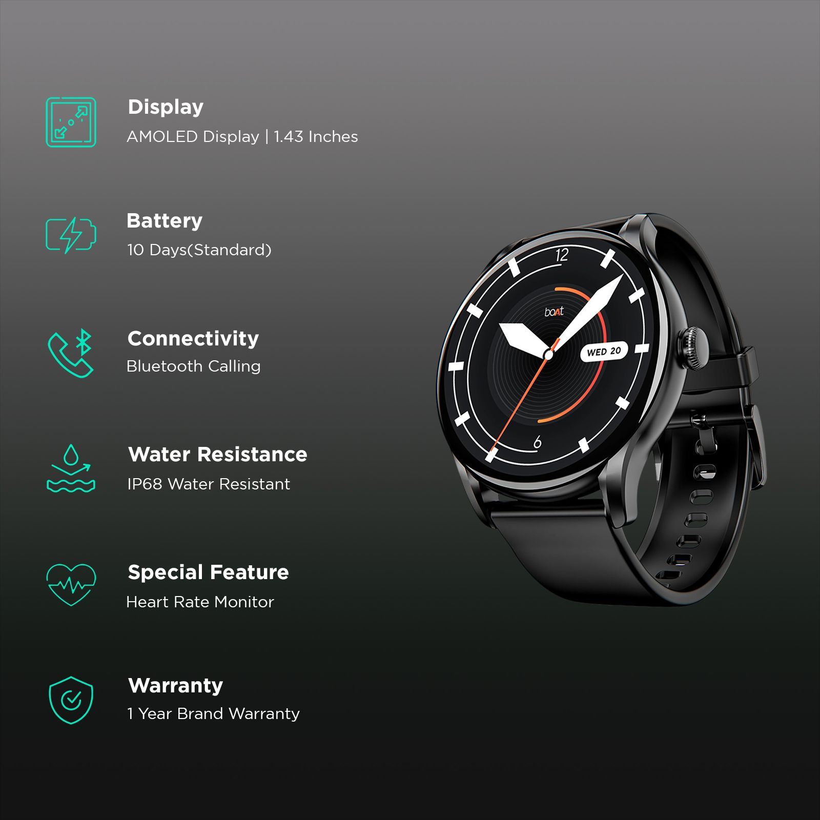 boAt Lunar Connect Ace Smartwatch with Bluetooth Calling (36.3mm AMOLED Display, IP68 Water Resistant, Charcoal Black Strap)_2