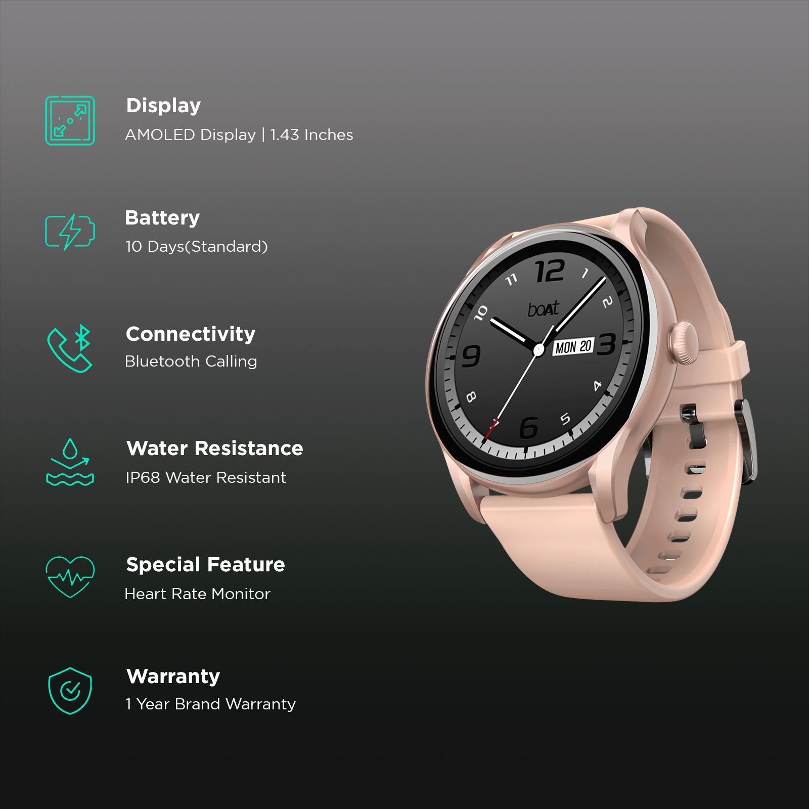 boAt Lunar Connect Ace Smartwatch with Bluetooth Calling (36.3mm AMOLED Display, IP68 Water Resistant, Flamingo Pink Strap)_2
