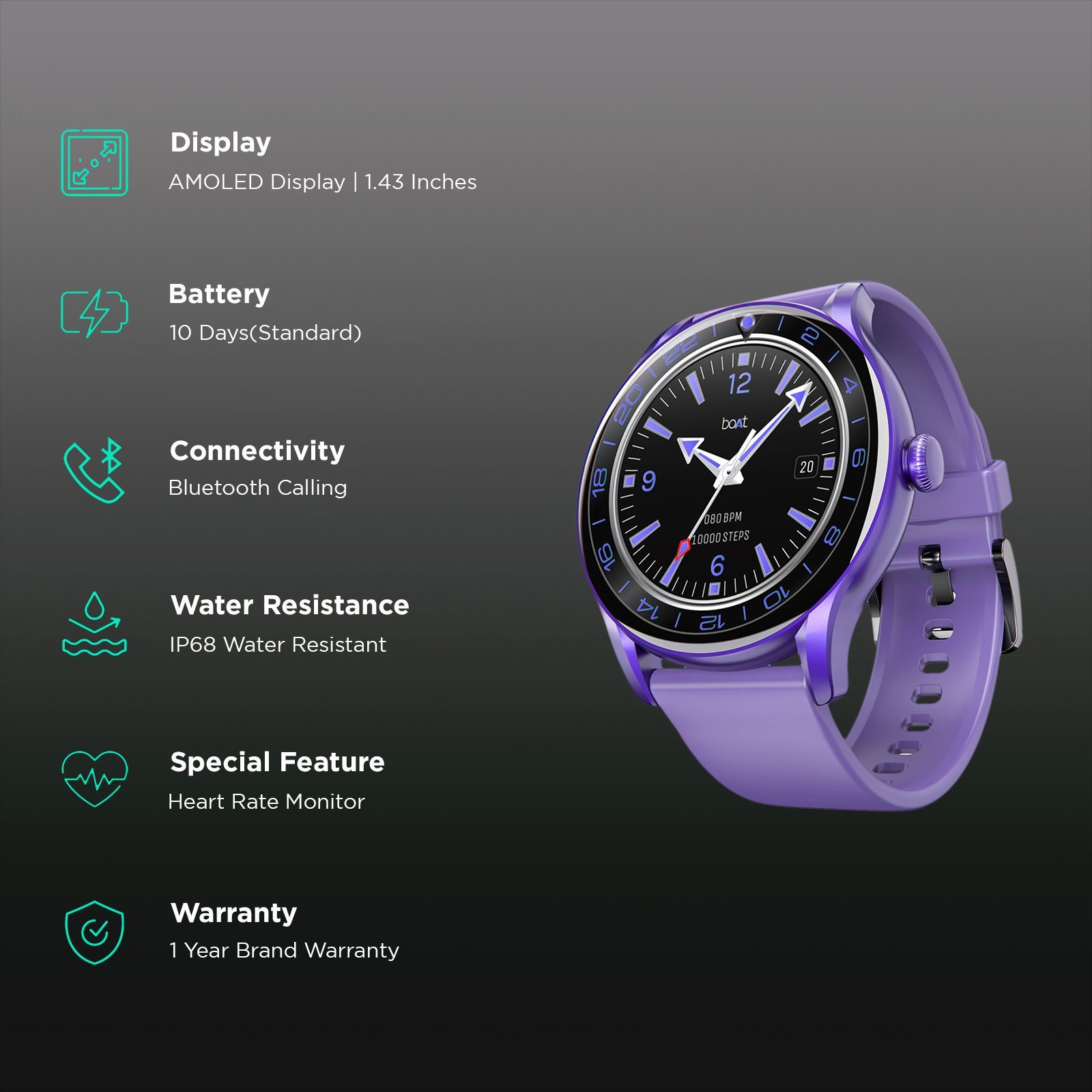 boAt Lunar Connect Ace Smartwatch with Bluetooth Calling (36.3mm AMOLED Display, IP68 Water Resistant, Orchid Purple Strap)_2