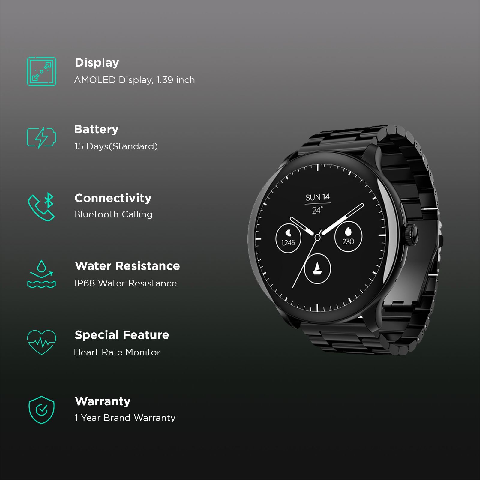 boAt Lunar Connect Pro Smartwatch with Bluetooth Calling (35.30mm AMOLED Display, IP68 Water Resistant, Metallic Black Strap)_2
