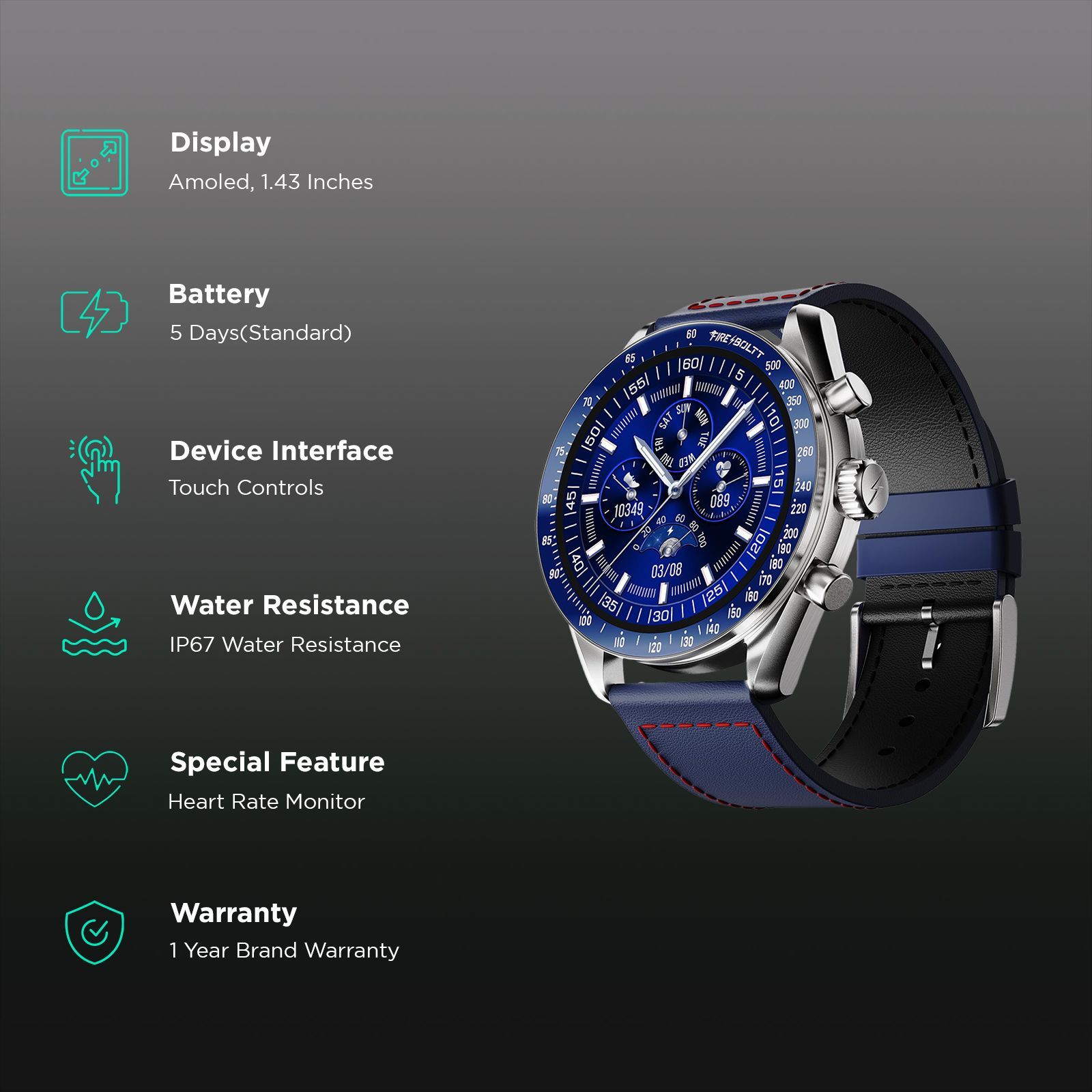 FIRE-BOLTT Moonwatch Smartwatch with Bluetooth Calling (36.3mm AMOLED Display, IP67 Water Resistant, Blue Strap)_2