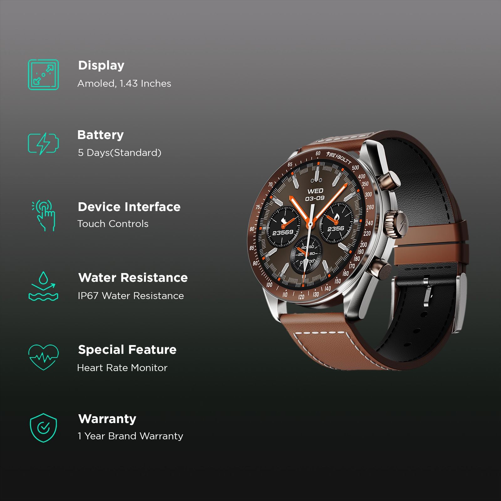 FIRE-BOLTT Moonwatch Smartwatch with Bluetooth Calling (36.3mm AMOLED Display, IP67 Water Resistant, Brown Strap)_2