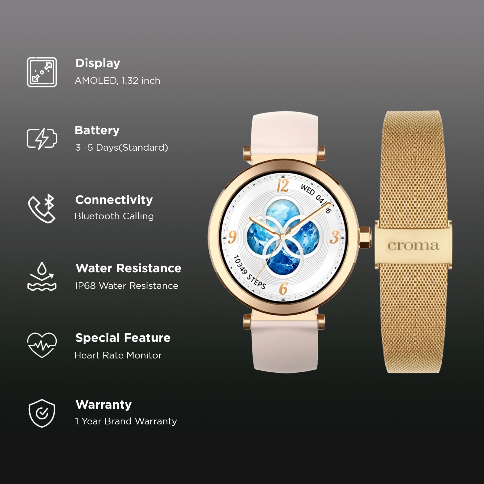 Croma VELCOITY GF Smartwatch with Bluetooth Calling (2025 Model, 1.32inches AMOLED Display, IP68 Waterproof, Rose Gold Strap) Croma VELCOITY GF Smartwatch with Bluetooth Calling (2025 Model, 1.32inches AMOLED Display, IP68 Waterproof, Rose Gold Strap)_2