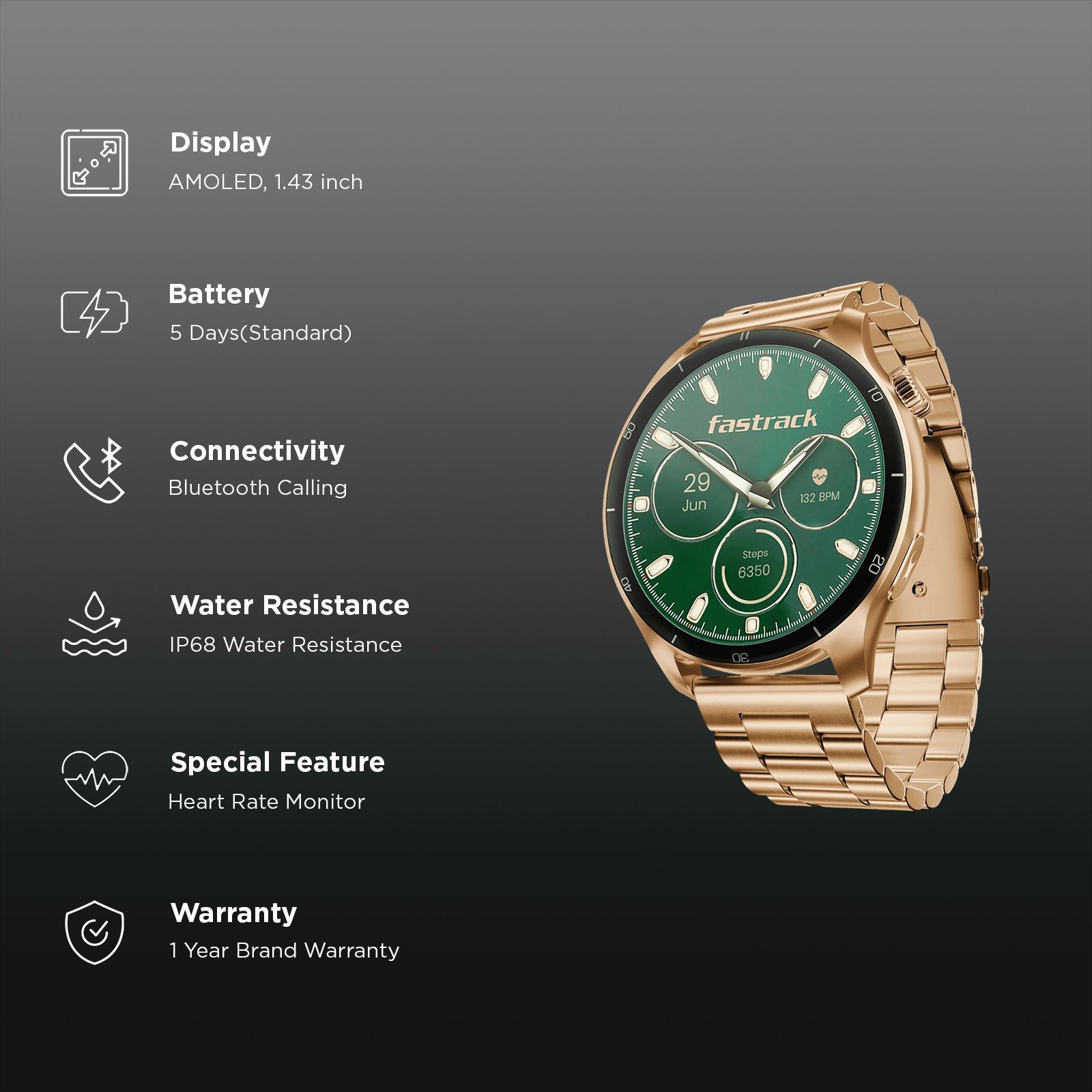 fastrack Dezire FX1 PRO Smartwatch with Bluetooth Calling (36.3mm AMOLED Display, IP68 Water Resistant, Rose Gold Strap)_2