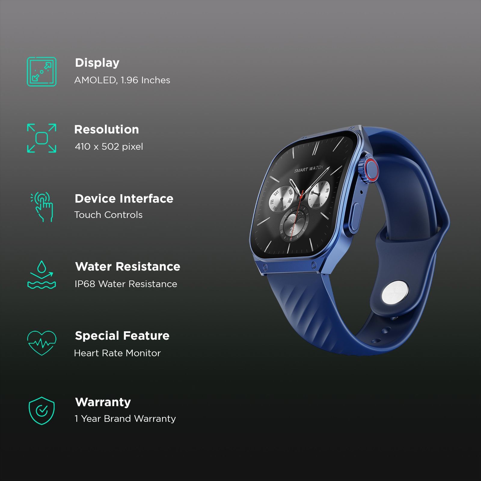 Fire-Boltt ARC Smartwatch with Bluetooth Calling (49.7mm AMOLED Display, IP65 Water Resistant, Midnight Blue Strap)_2
