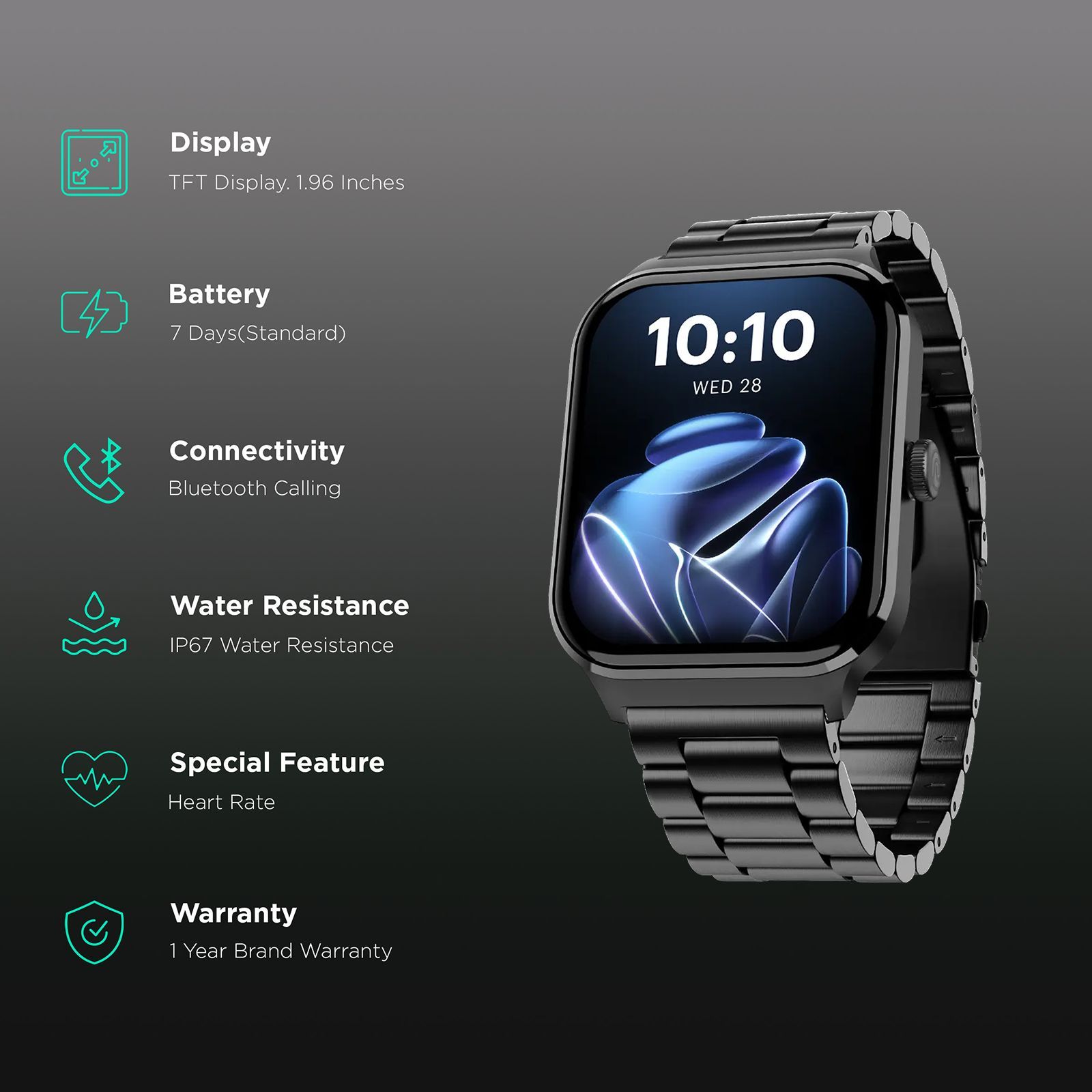 noise Canvas Elite Smartwatch with Bluetooth Calling (49.7mm TFT Display, IP67 Water Resistant, Metal Black Strap)_2